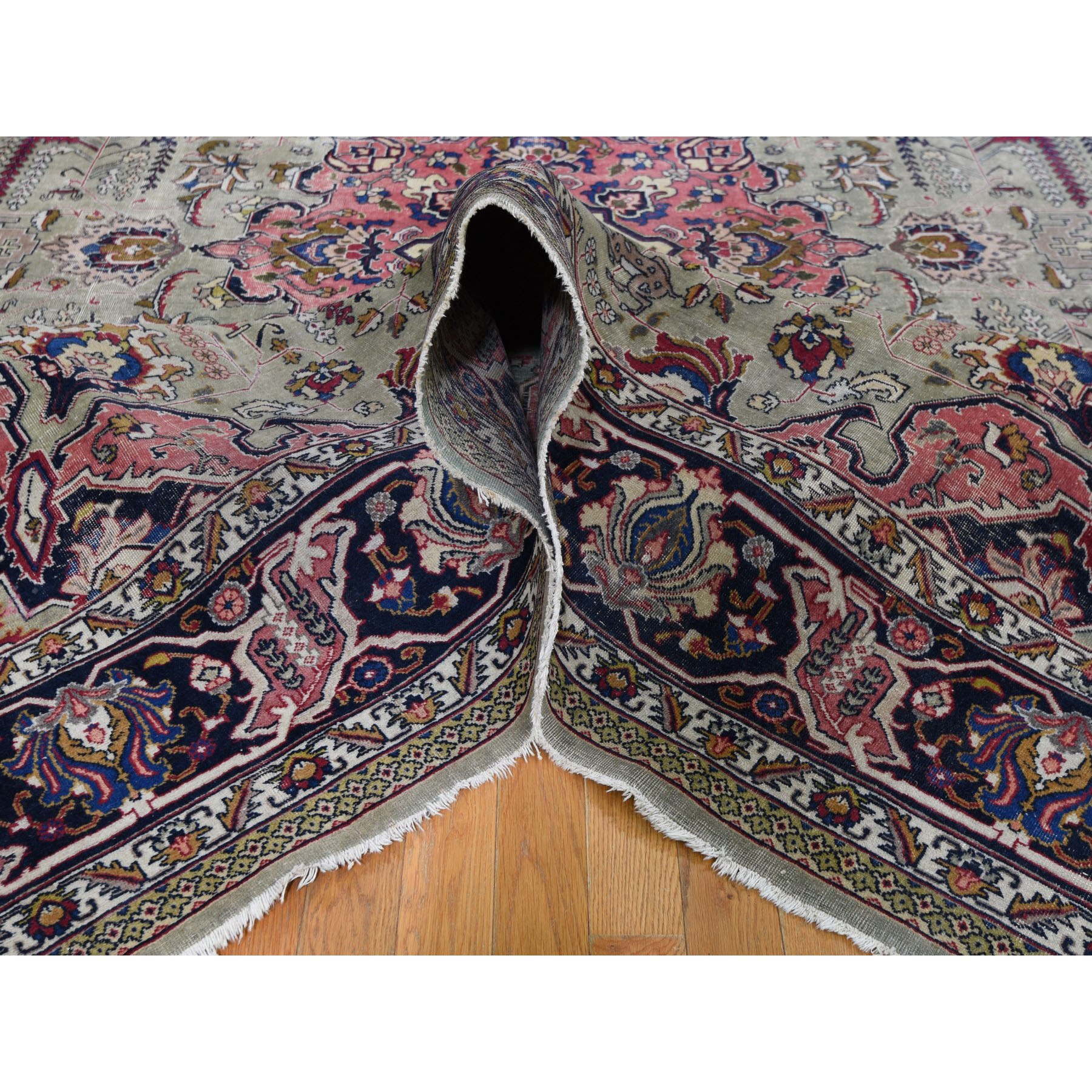 9-4 x12-3  Taupe Green Worn Old Persian Tabriz Vintage Distressed And Clean Bohemian Rug 