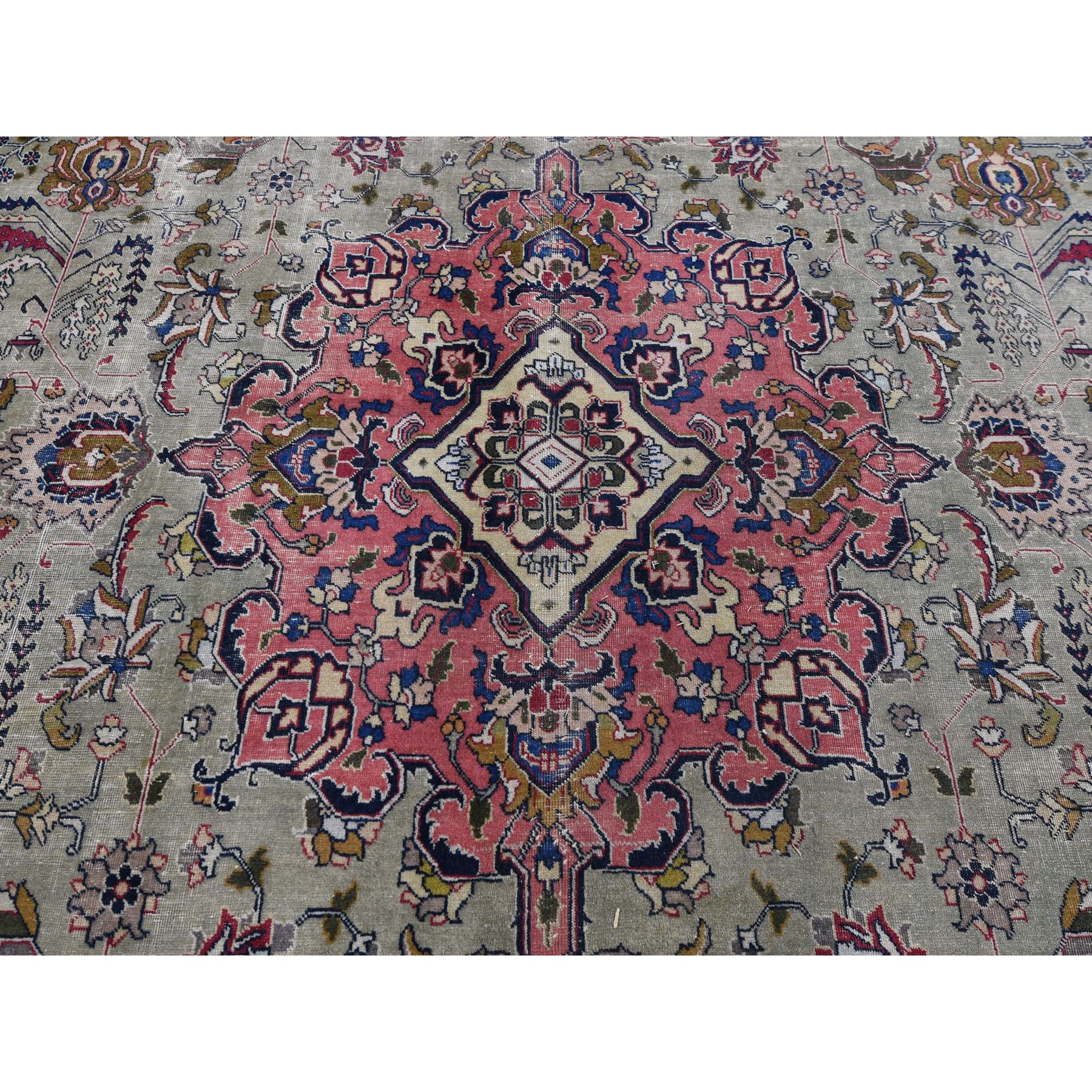 9-4 x12-3  Taupe Green Worn Old Persian Tabriz Vintage Distressed And Clean Bohemian Rug 