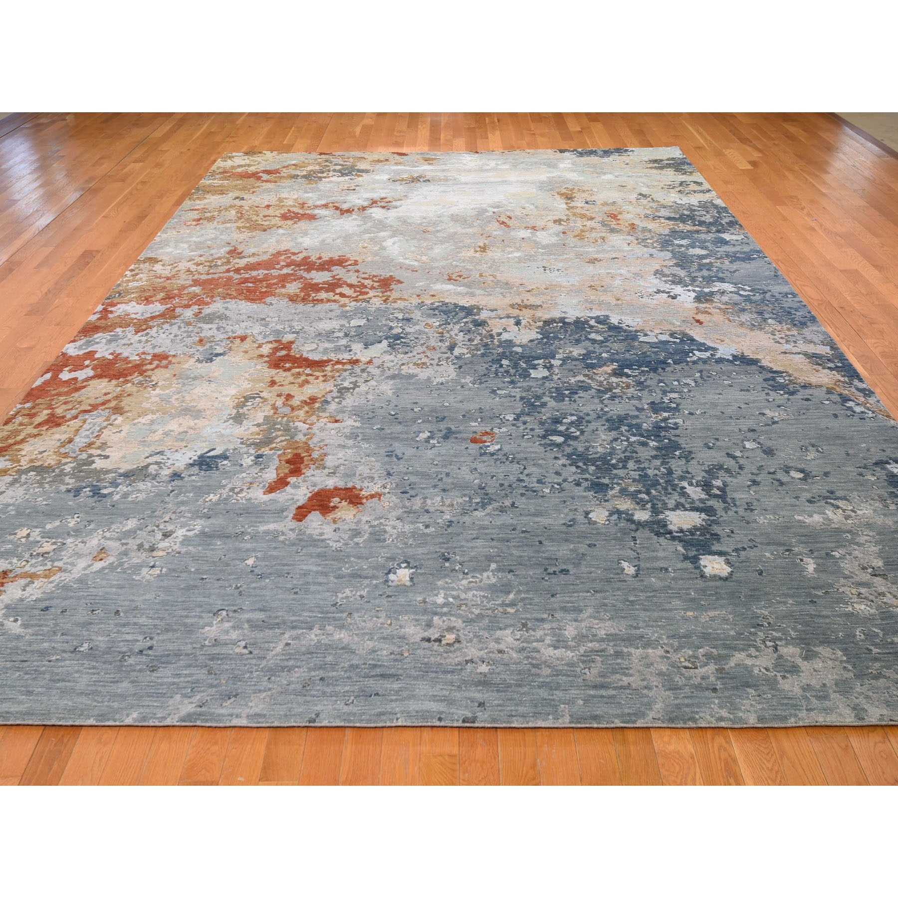 9-10 x14-3  Gray Abstract Design Wool and Silk Hi-Low Pile Denser Weave Hand Knotted Oriental Rug 