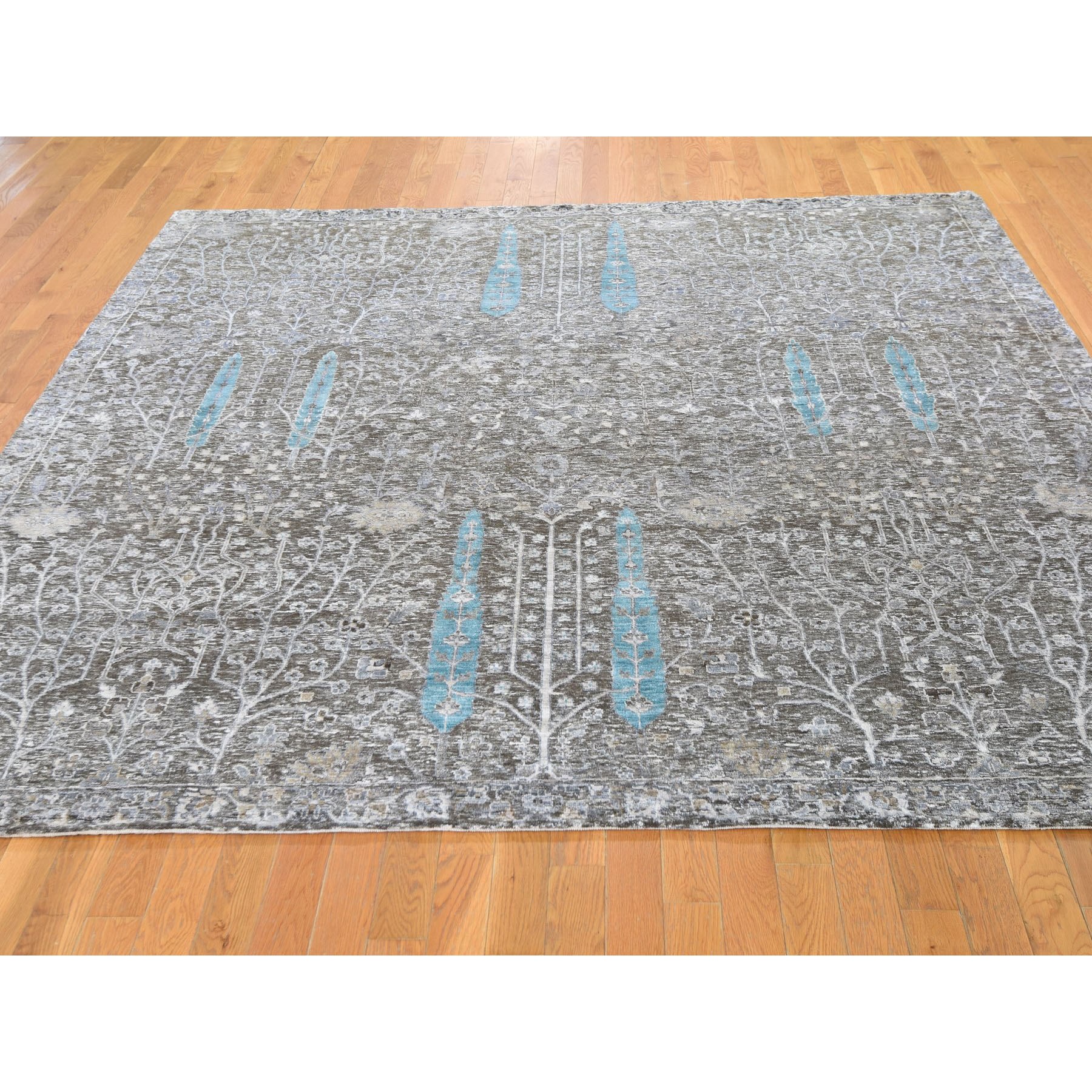 8-x8- Square Cypress Tree Design Silk with Textured Wool Hand Knotted Oriental Rug 