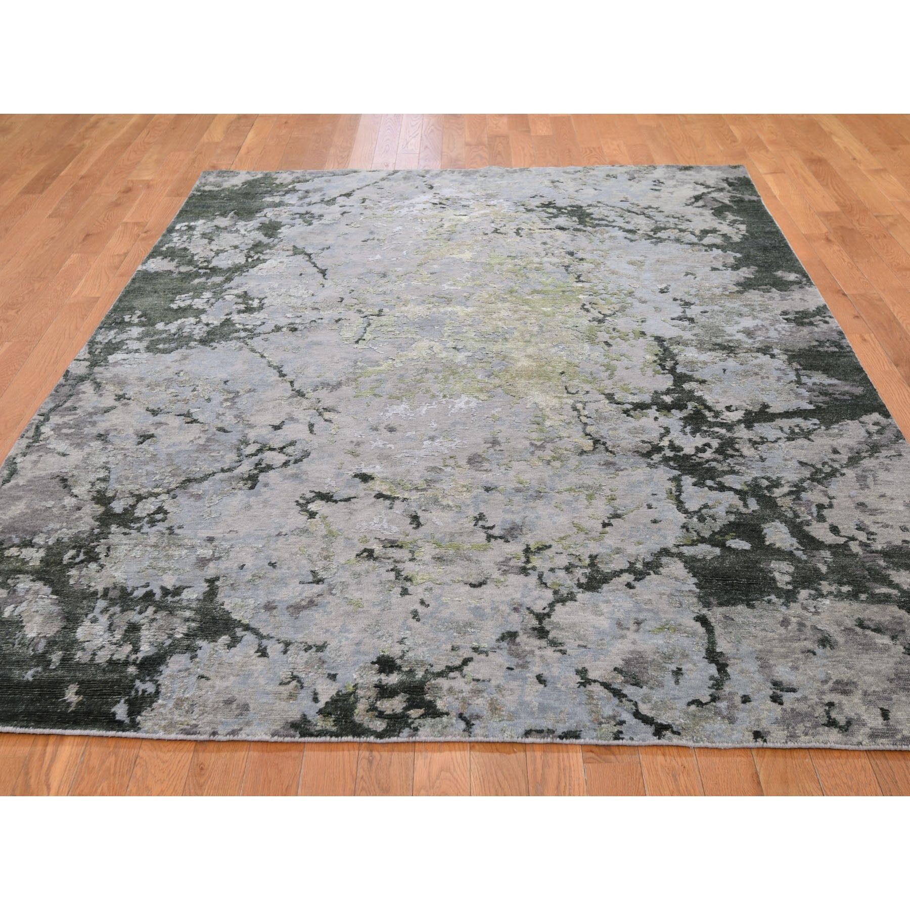 6-2 x9-1   Green Hi-Lo Pile Abstract Design Wool And Silk Hand Knotted Oriental Rug 