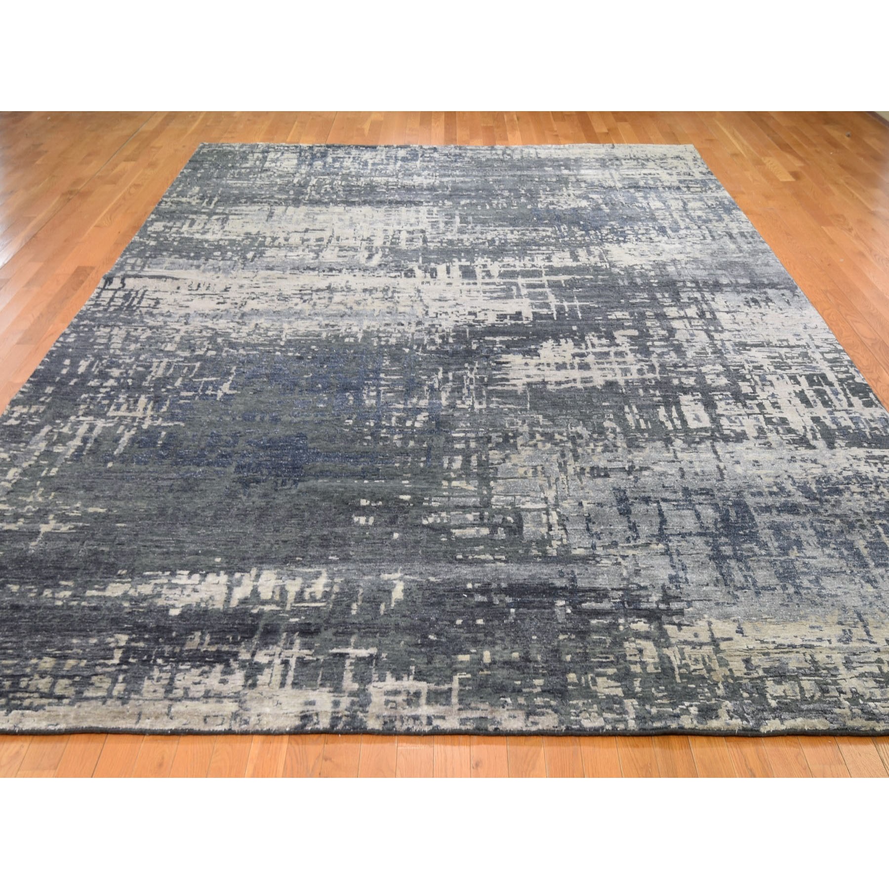 10-x14-1  Blue Wool And Silk Abstract Design Hand knotted Oriental Rug 