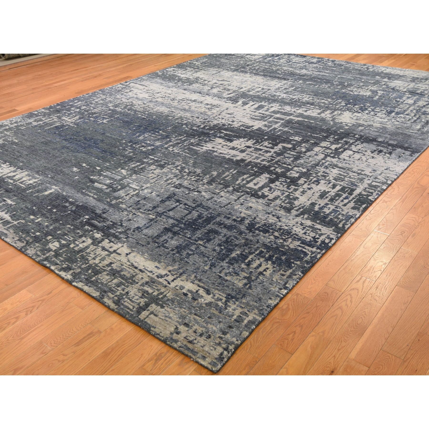 10-x14-1  Blue Wool And Silk Abstract Design Hand knotted Oriental Rug 