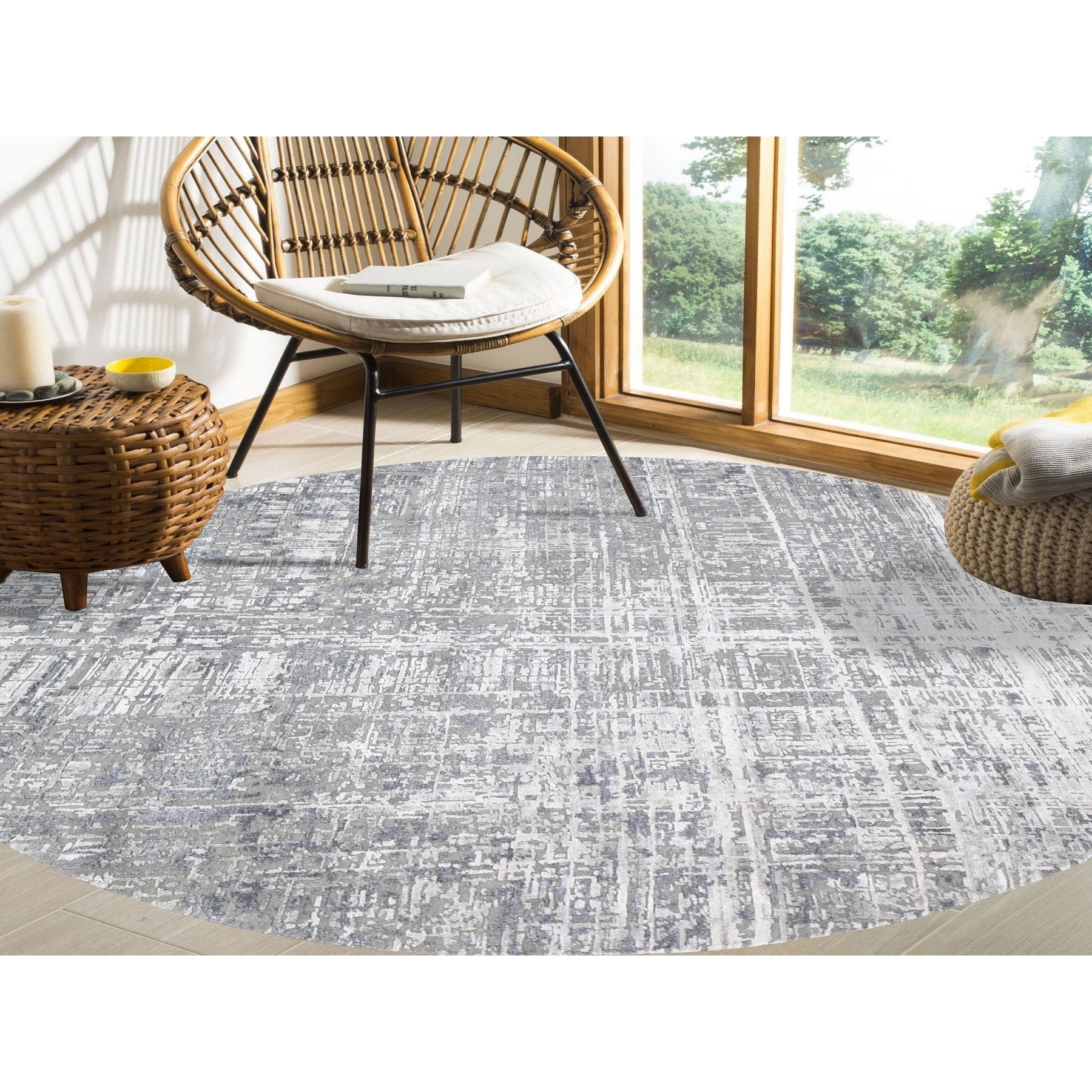 8-2 x8-2  Round Gray Wool And Silk Abstract Design Hand knotted Oriental Rug 
