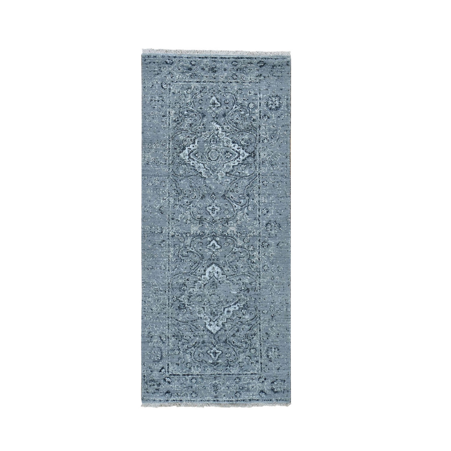 2'6"X6' Gray Broken Persian Erased Design Runner Silk With Textured Wool Hand Knotted Oriental Rug moad900a