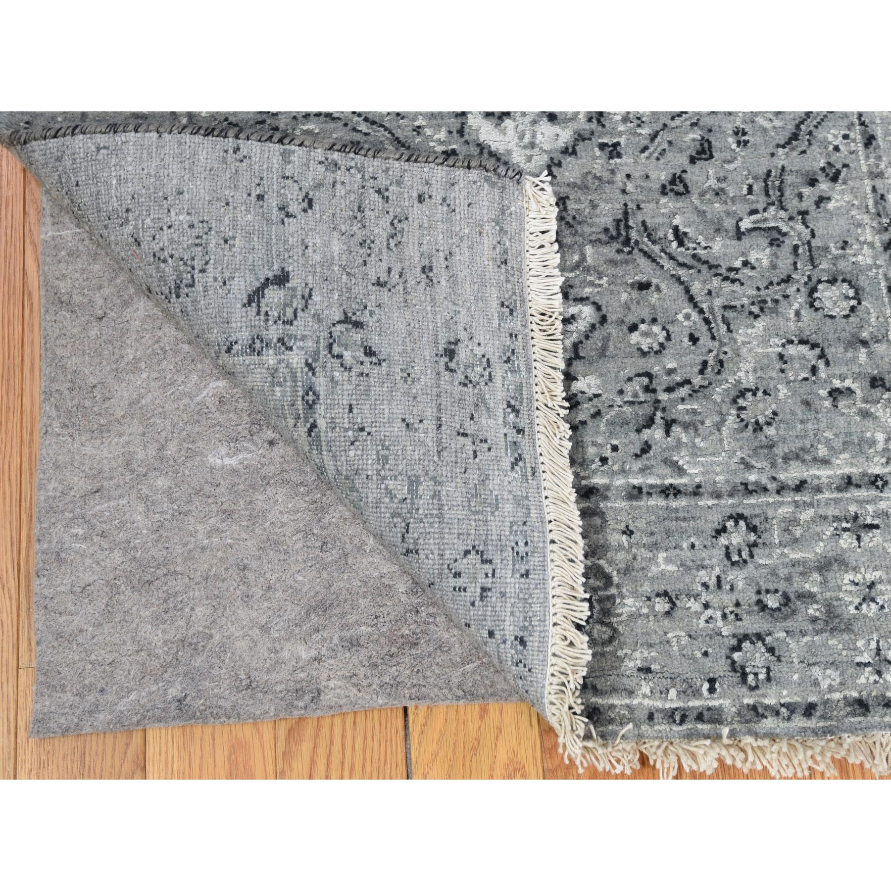 2-6 x6- Gray Broken Persian Erased Design Runner Silk With Textured Wool Hand Knotted Oriental Rug 