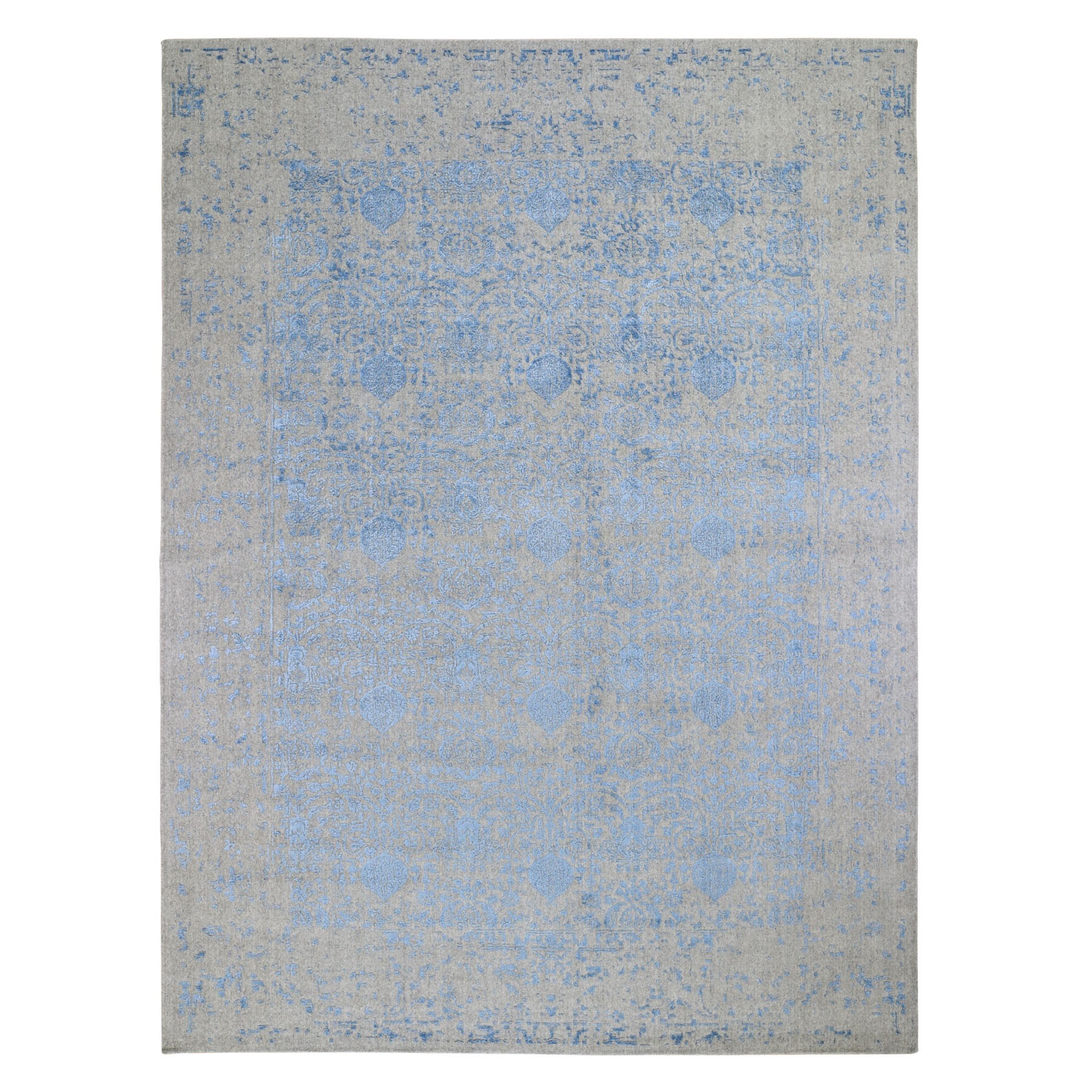 8-9 x11-9  Blue Hand Loomed Wool and Art Silk Pomegranate Design Oriental Rug 
