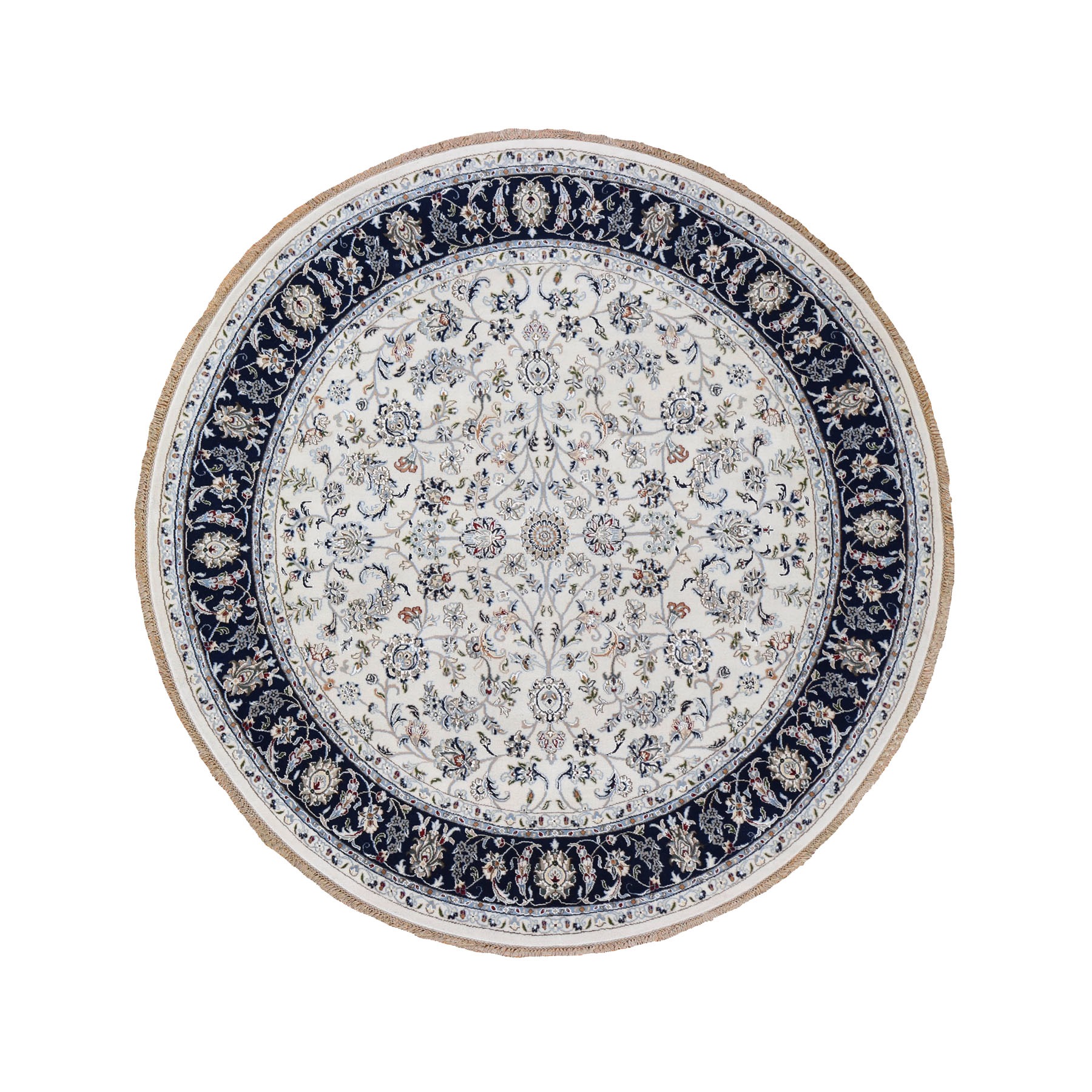 7'1"X7'1" Ivory Nain Wool And Silk 250 Kpsi All Over Design Hand Knotted Round Oriental Rug moad90bb