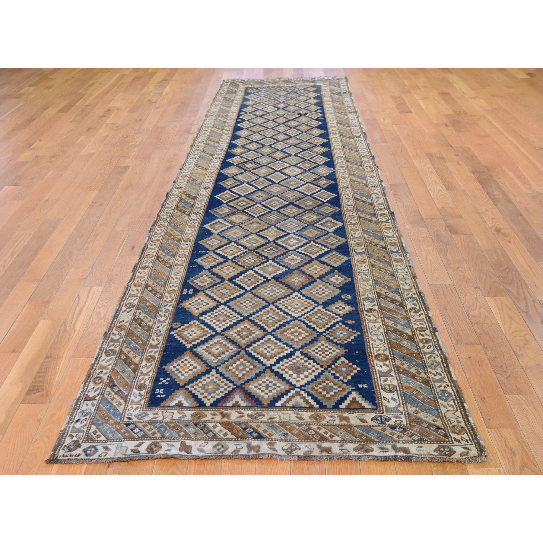 3-4 x13-2  Blue Antique Caucasian Wide Runner All Over Square Design Hand Knotted Fine Oriental Rug 