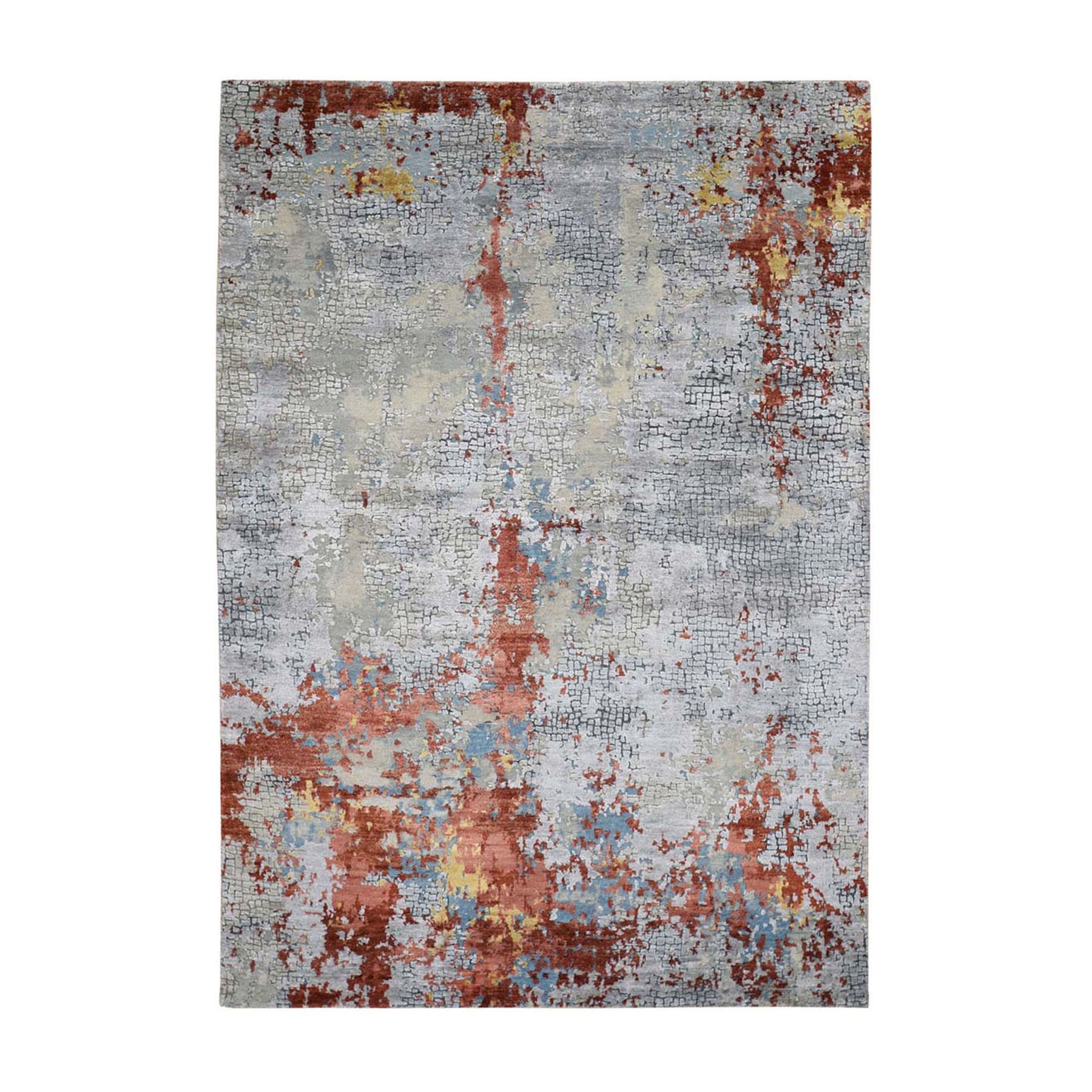 4'2"X6' Wool And Silk Abstract With Fire Mosaic Design Hand-Knotted Oriental Rug moad90e8