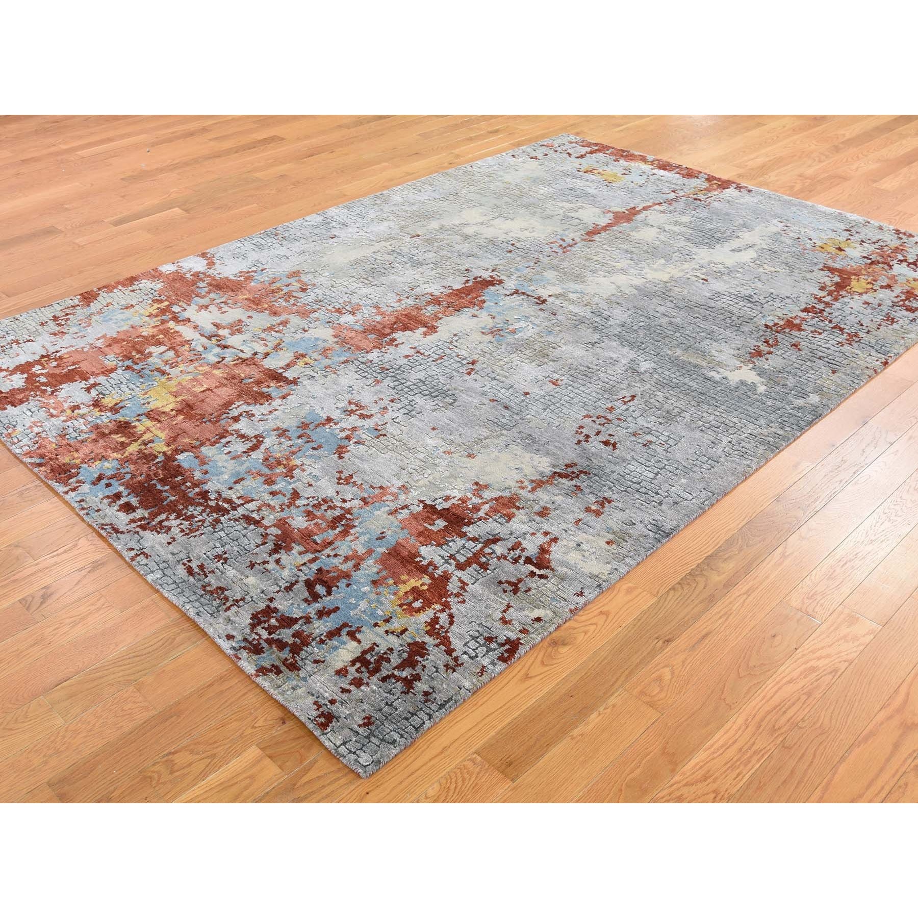 4-2 x6- Wool And Silk Abstract With Fire Mosaic Design Hand-Knotted Oriental Rug 