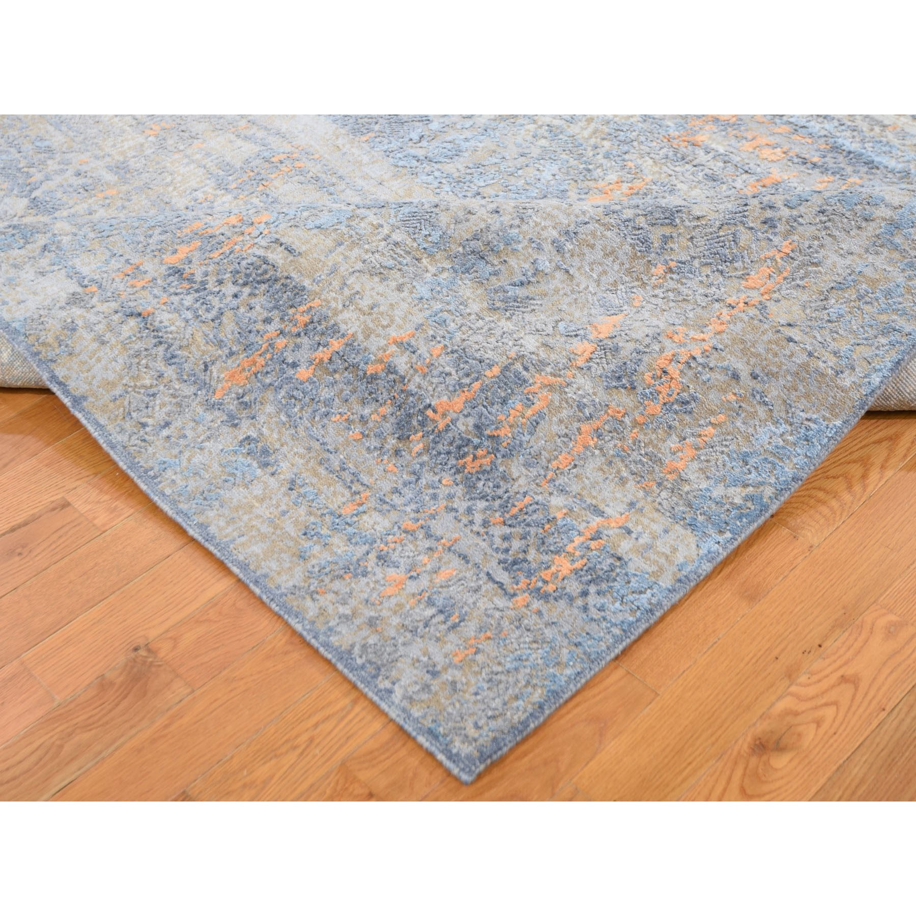 8-x10-  Light Blue Silk With Textured Wool Abstract Dripping Design Hand Knotted Oriental Rug 