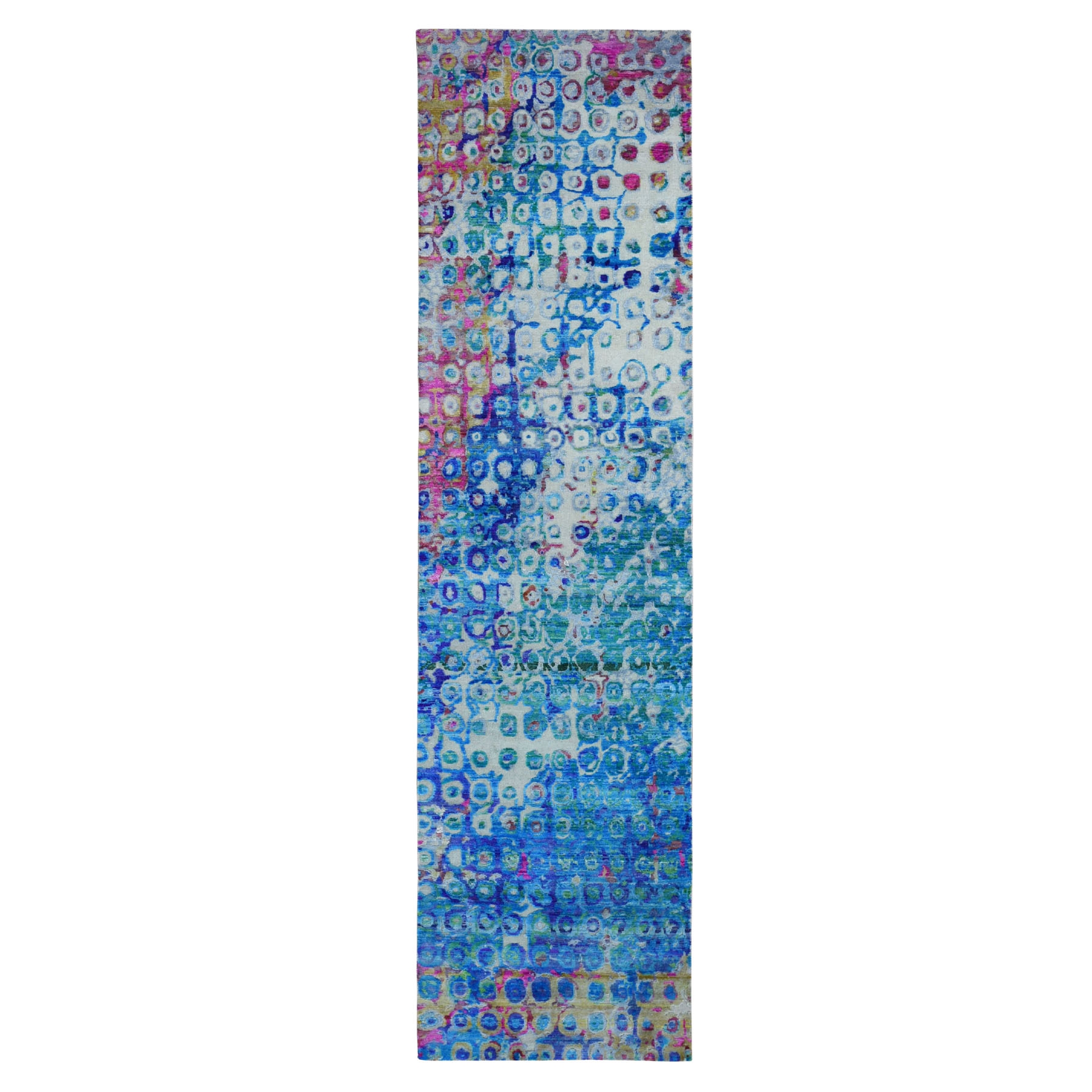 3-x12-4  THE PEACOCK, Sari Silk Colorful Hand Knotted Runner Oriental Rug 