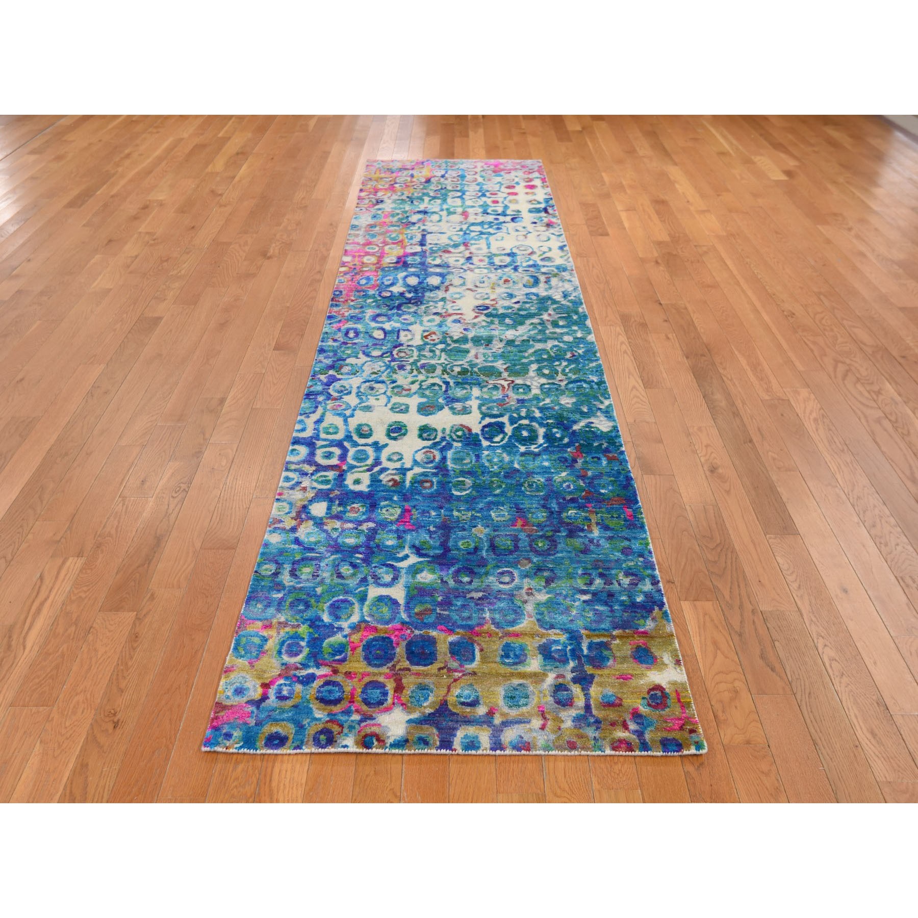 3-x12-4  THE PEACOCK, Sari Silk Colorful Hand Knotted Runner Oriental Rug 