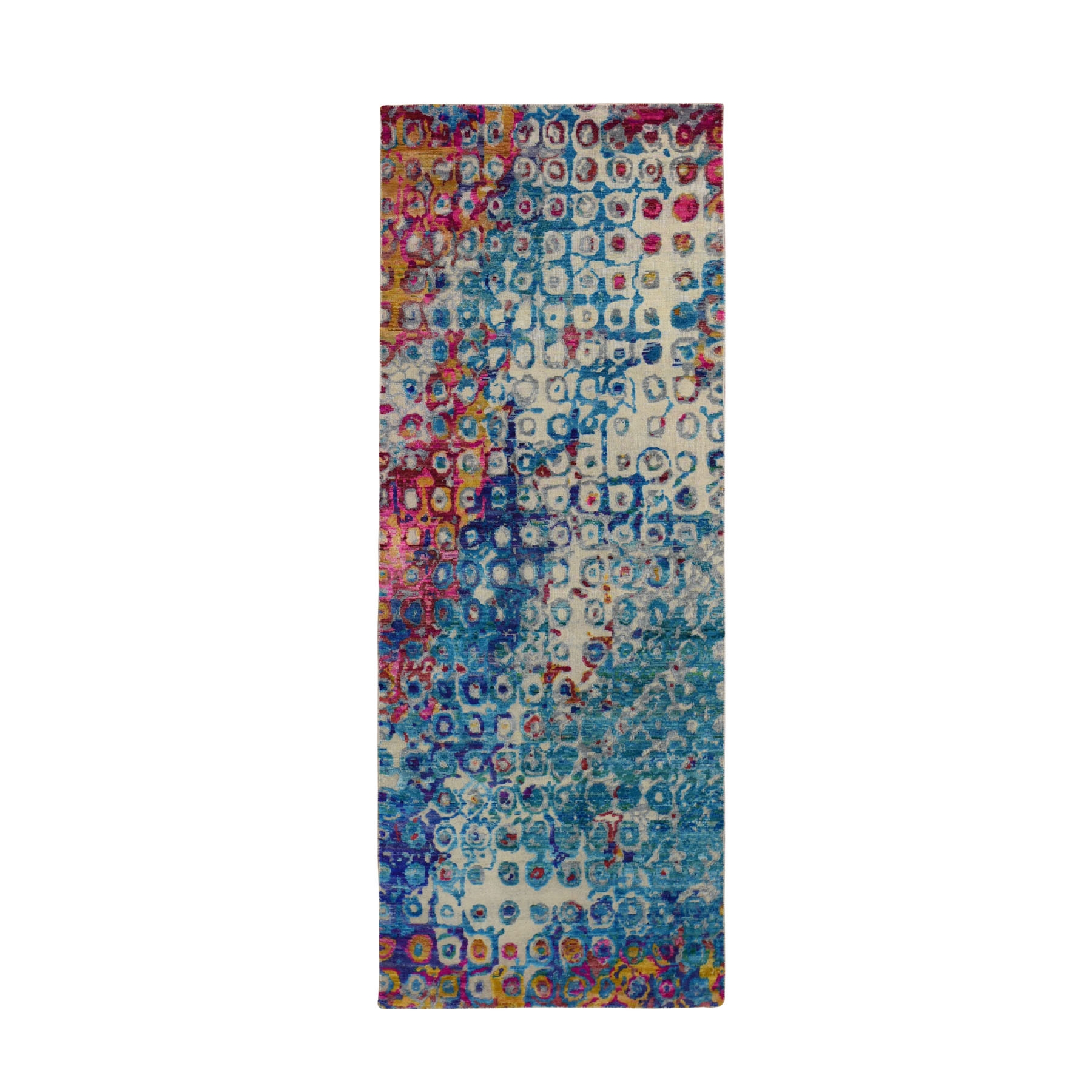 3-x8-2  THE PEACOCK, Sari Silk Colorful Hand Knotted Runner Oriental Rug 