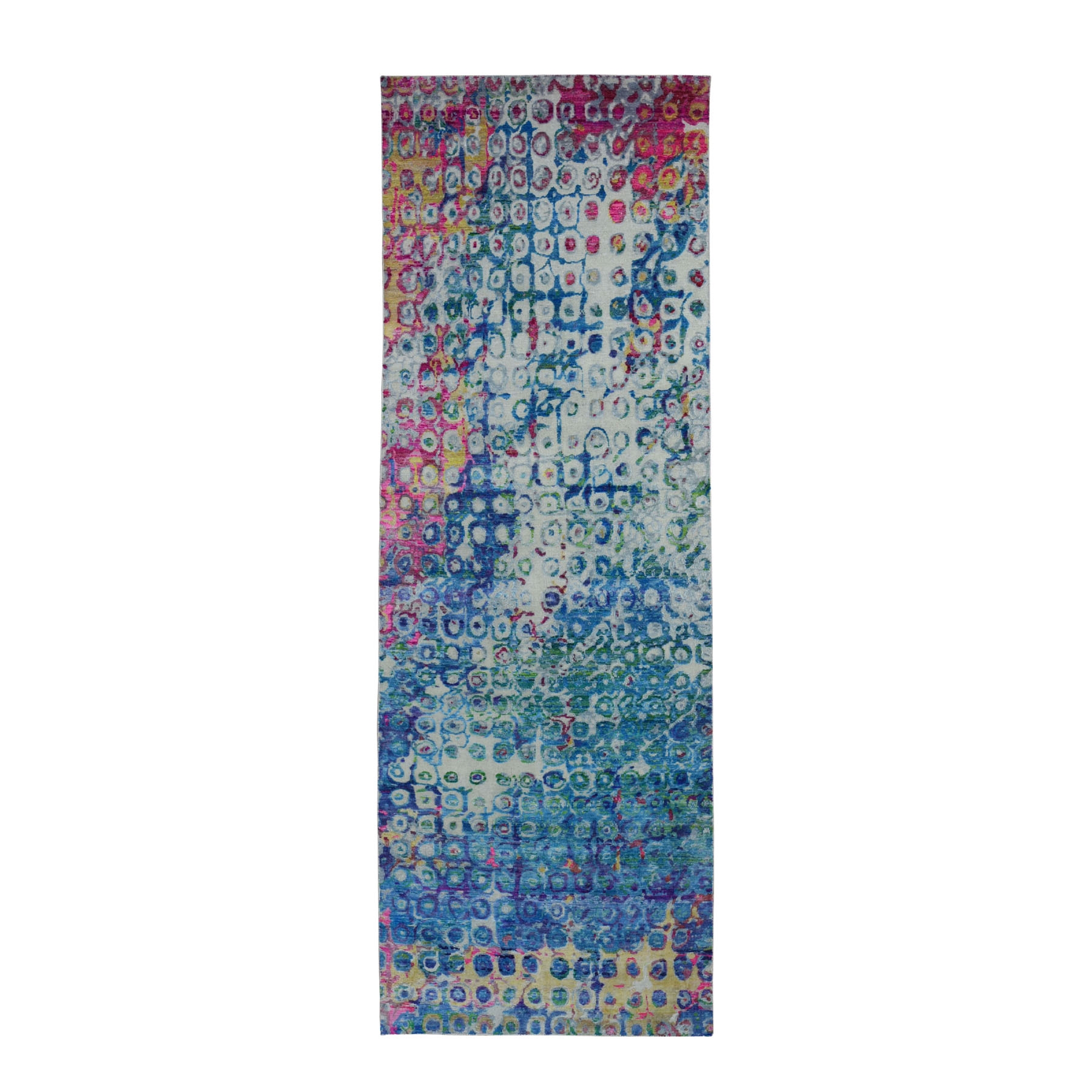 3-x10-2  THE PEACOCK, Sari Silk Colorful Hand Knotted Runner Oriental Rug 