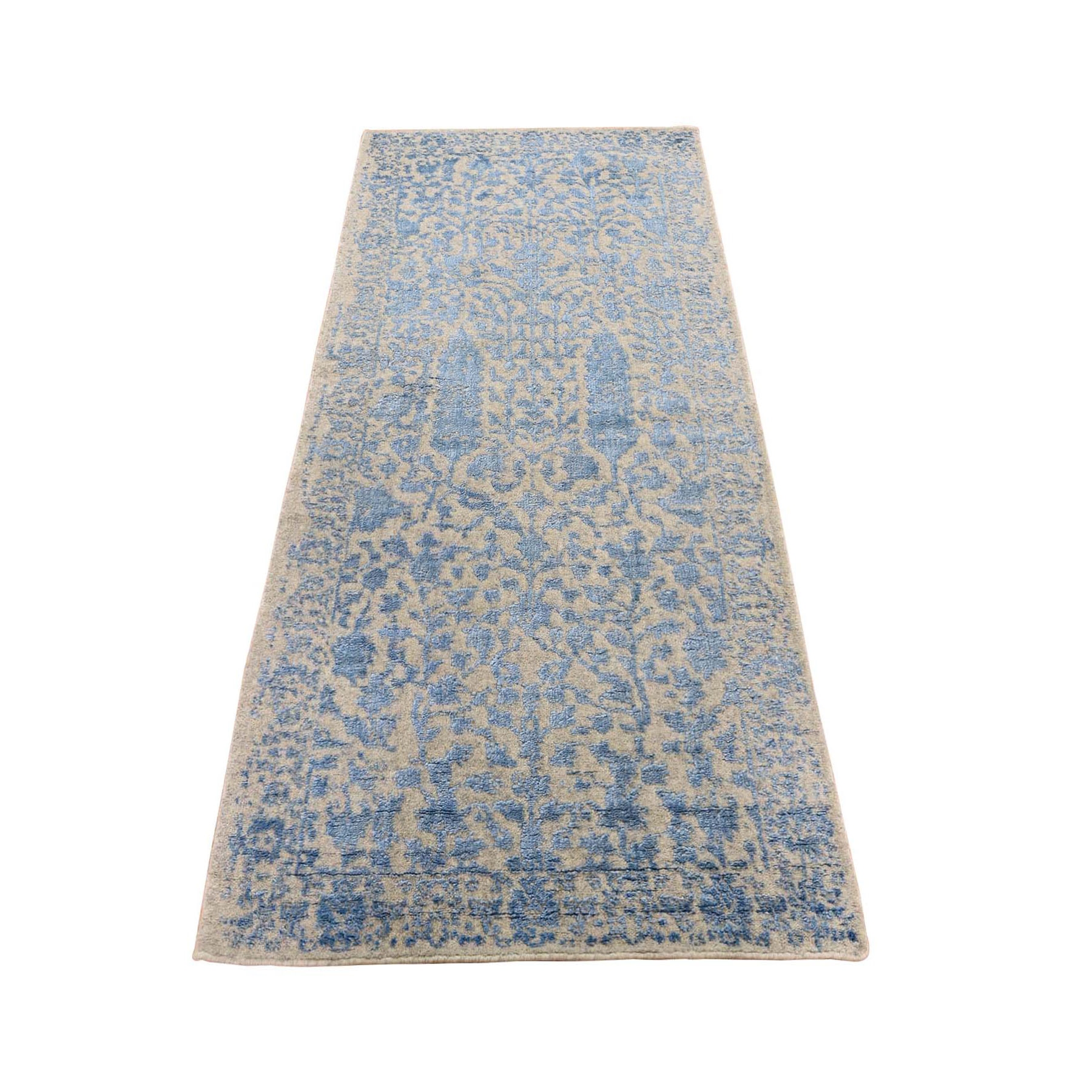 2'5"X6'2" Jacquard Hand Loomed Blue Broken Cypress Tree Design Silken Thick And Plush Runner Oriental Rug moad9ab8