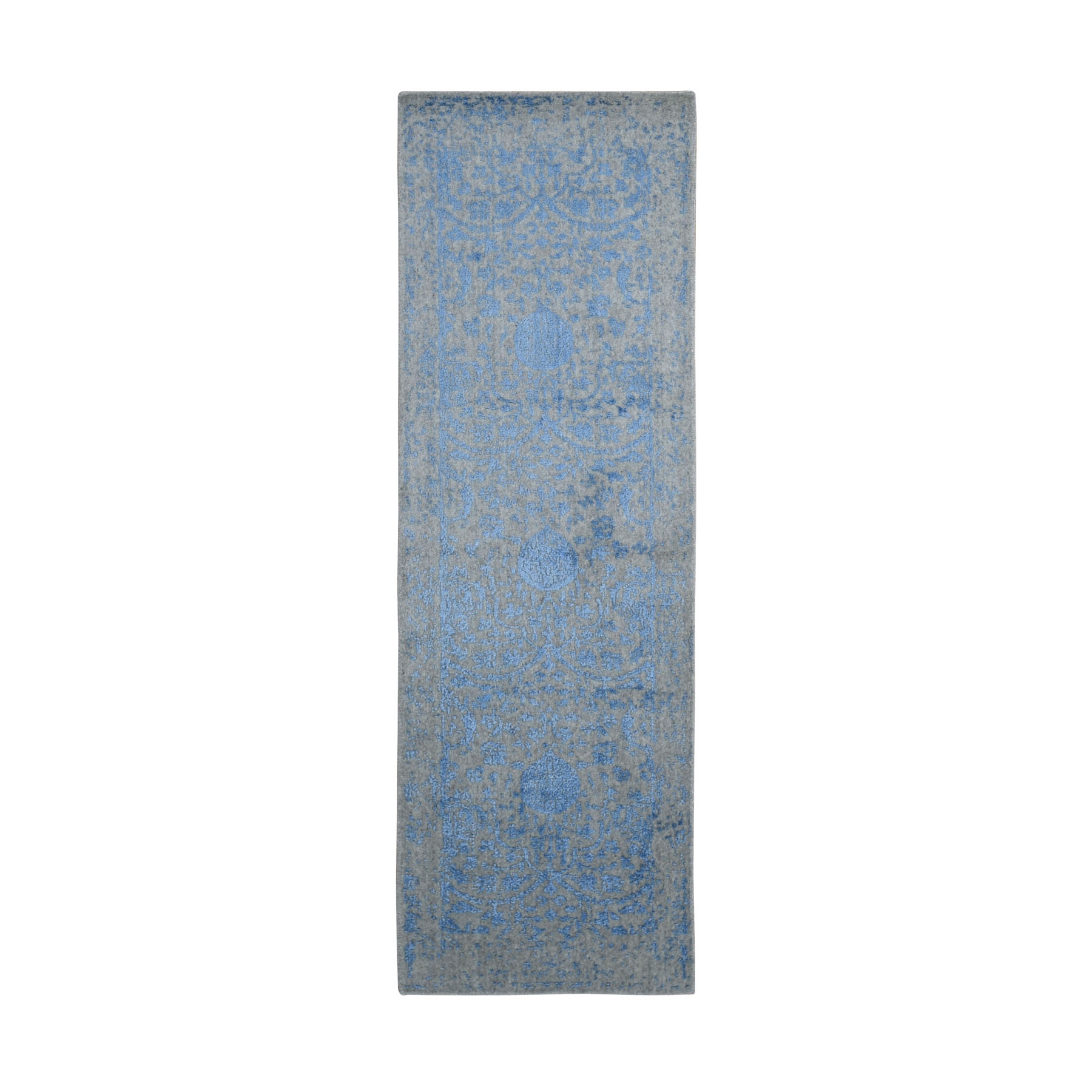 2'5"X7'9" Blue Jacquard Hand Loomed Wool And Art Silk Pomegranate Design Runner Oriental Rug moad9a7b