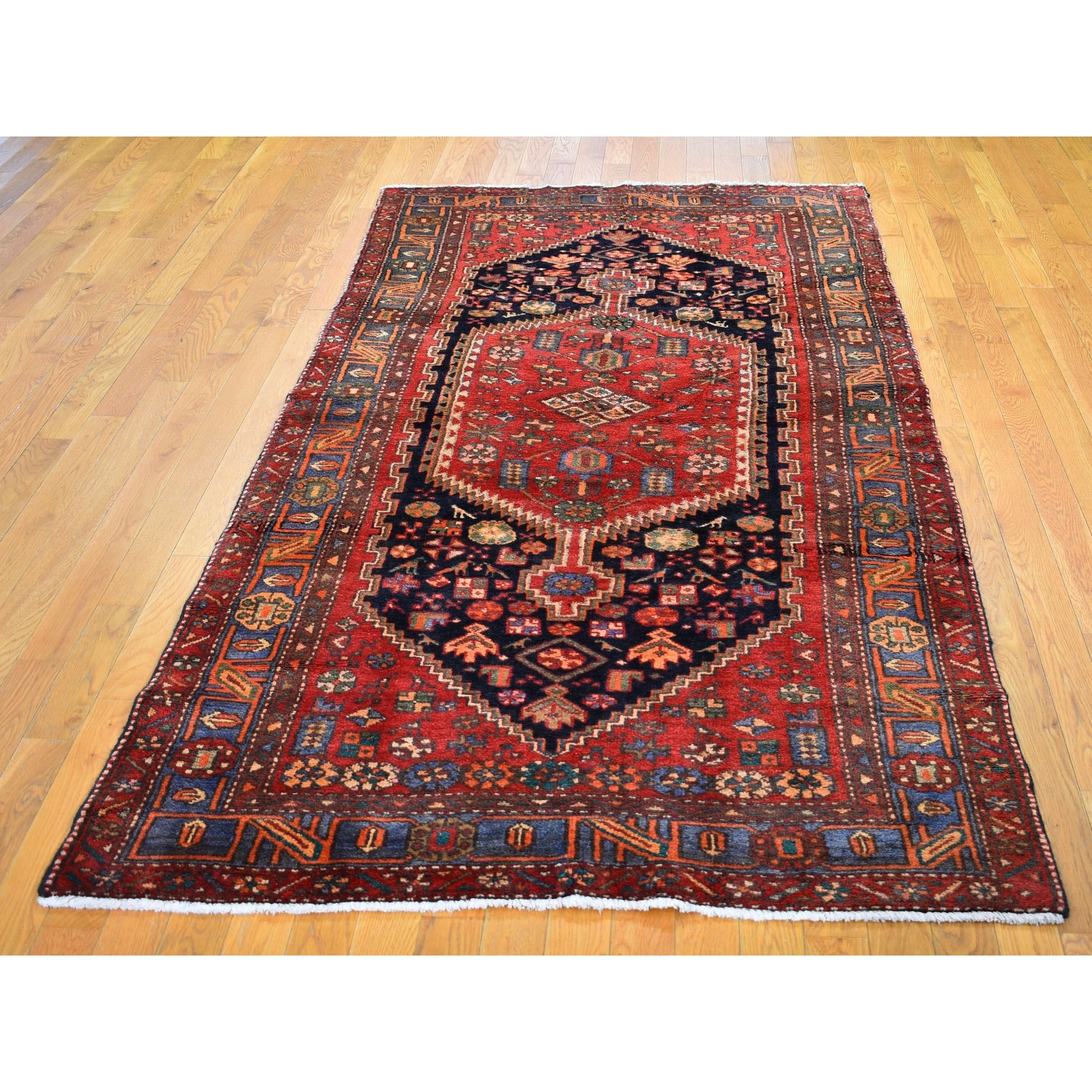 4-6 x8-9  Gallery Size Red Vintage Persian Hamadan Pure Wool Hand Knotted Oriental Rug 