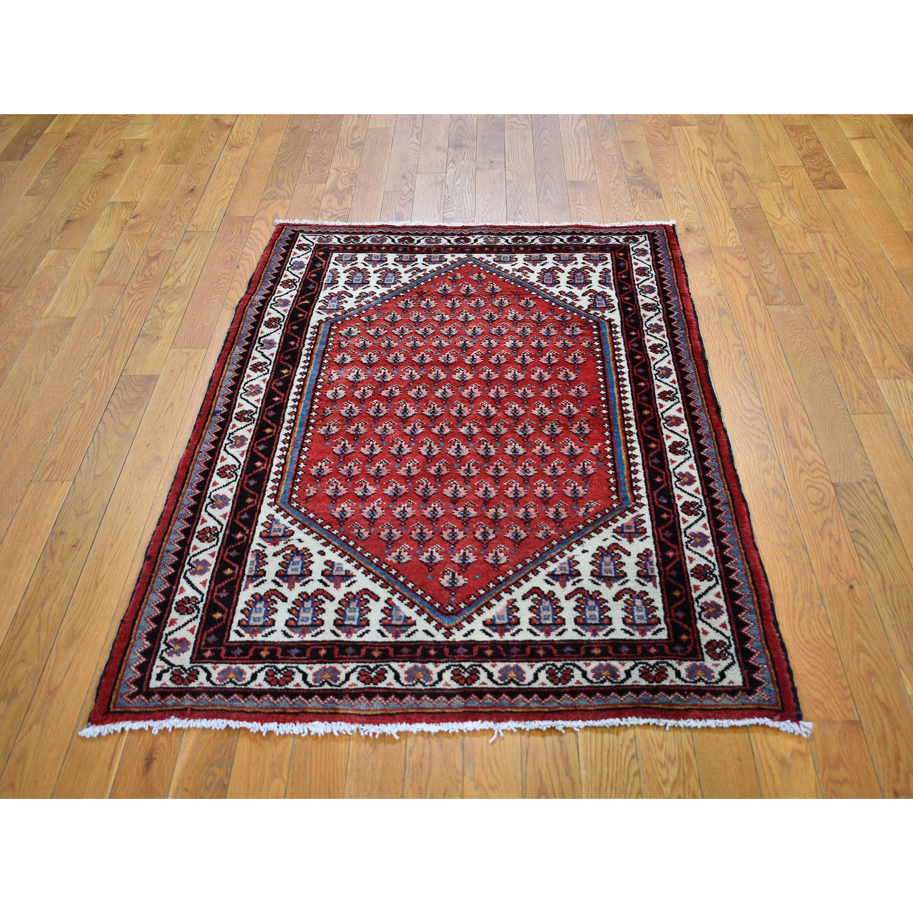 3-5 x5-2   Red Vinatge Pure Wool Sarouk Mir With Boteh Design Hand Knotted Oriental Rug 