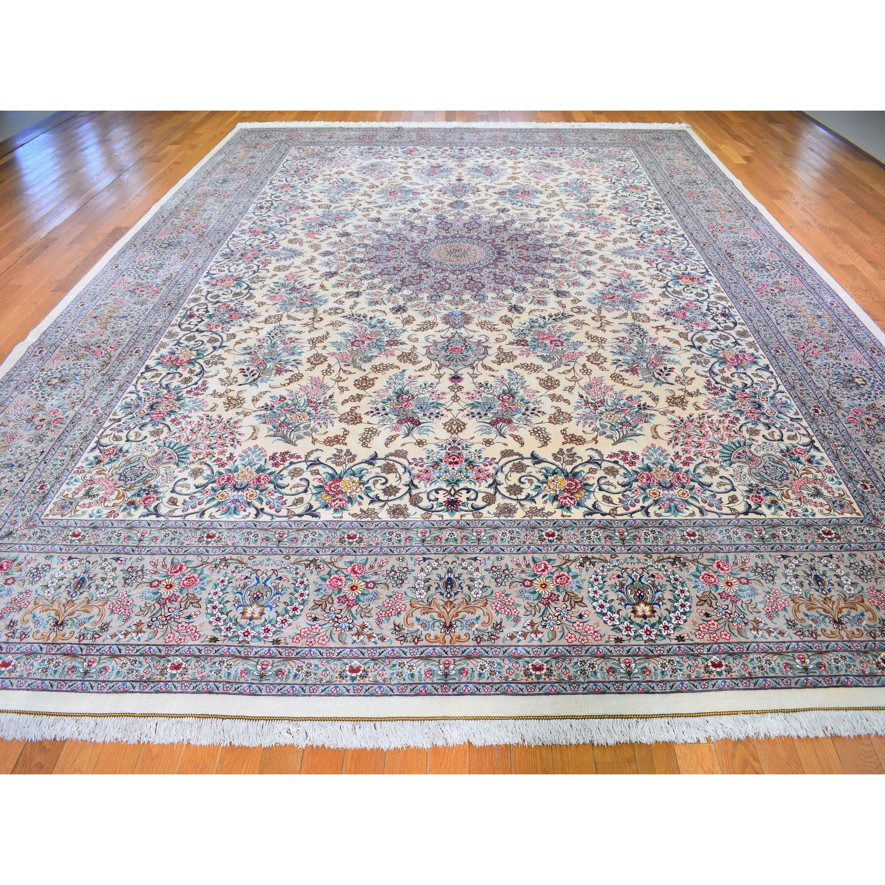 11-1 x14-9  Ivory Oversized New Persian Qom Pure Silk 600 KPSI Signed Hand Knotted Oriental Rug 