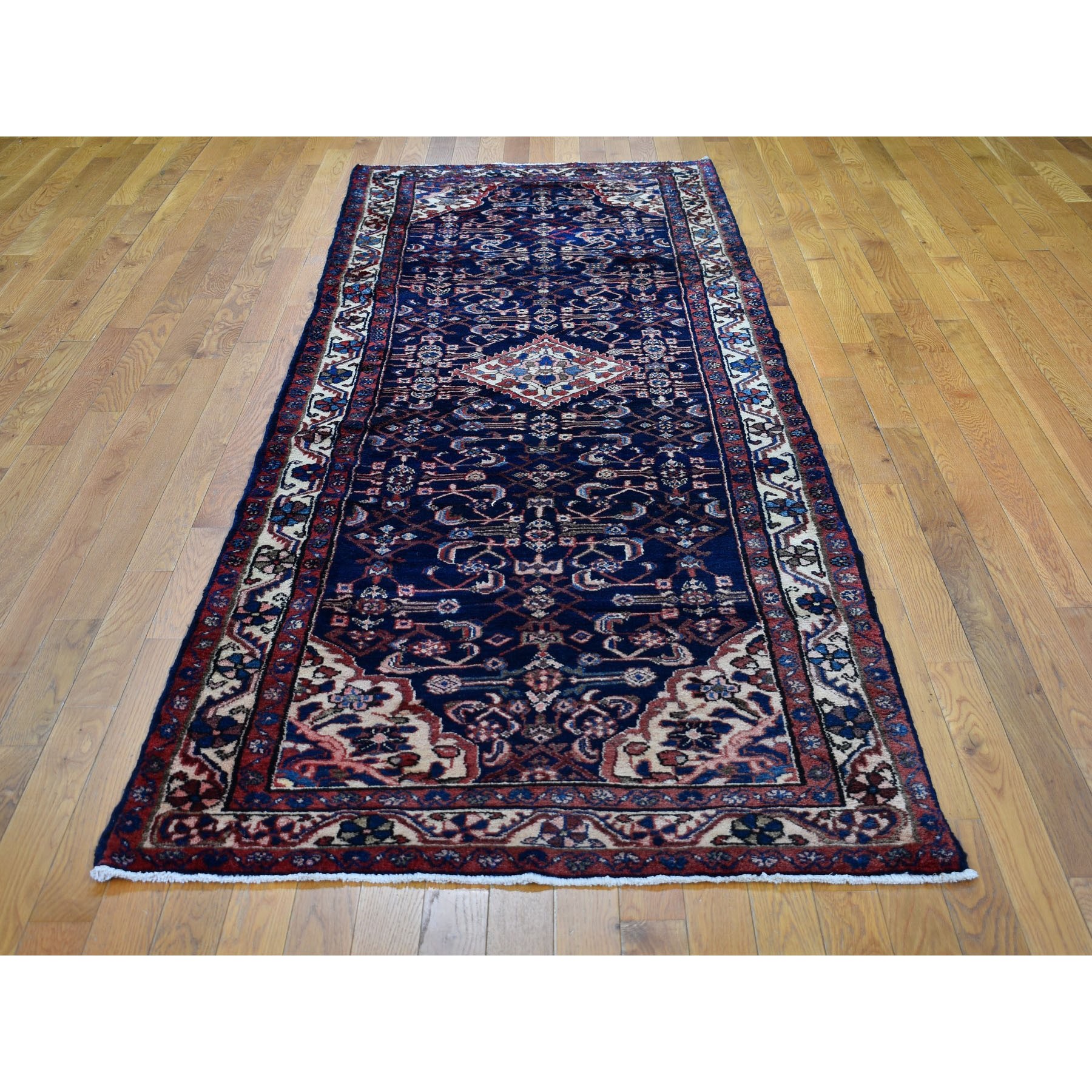 3-8 x10-7  Navy Blue New Persian Hamadan Pure Wool Hand Knotted Wide Runner Oriental Rug 