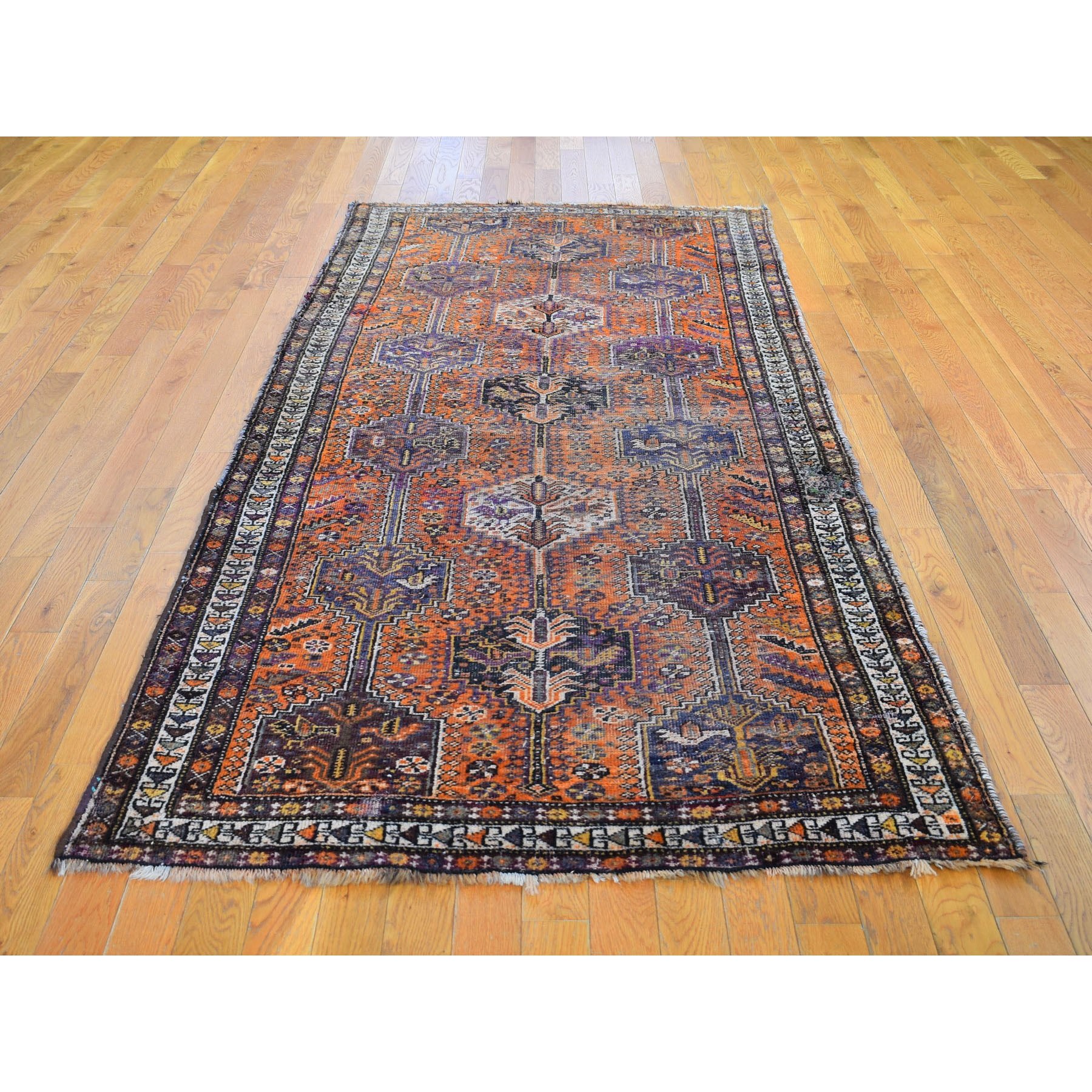 4-x9-5  Orange Gallery Size Old Persian Shiraz Worn And Repaired Hand Knotted Oriental Rug 