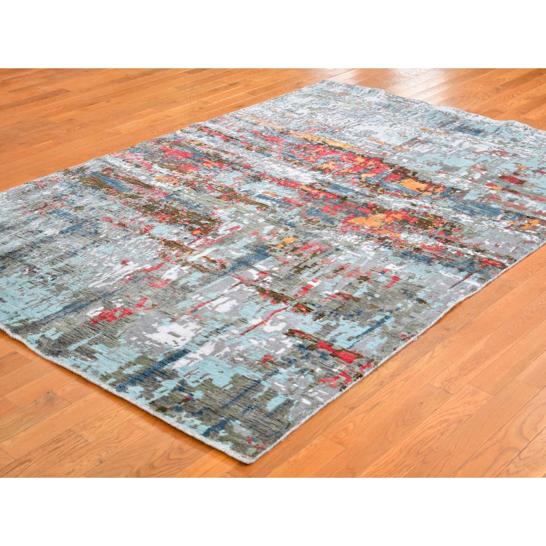 6-x8-10  Colorful Abstract Design Wool And Silk Hand Knotted Oriental Rug 