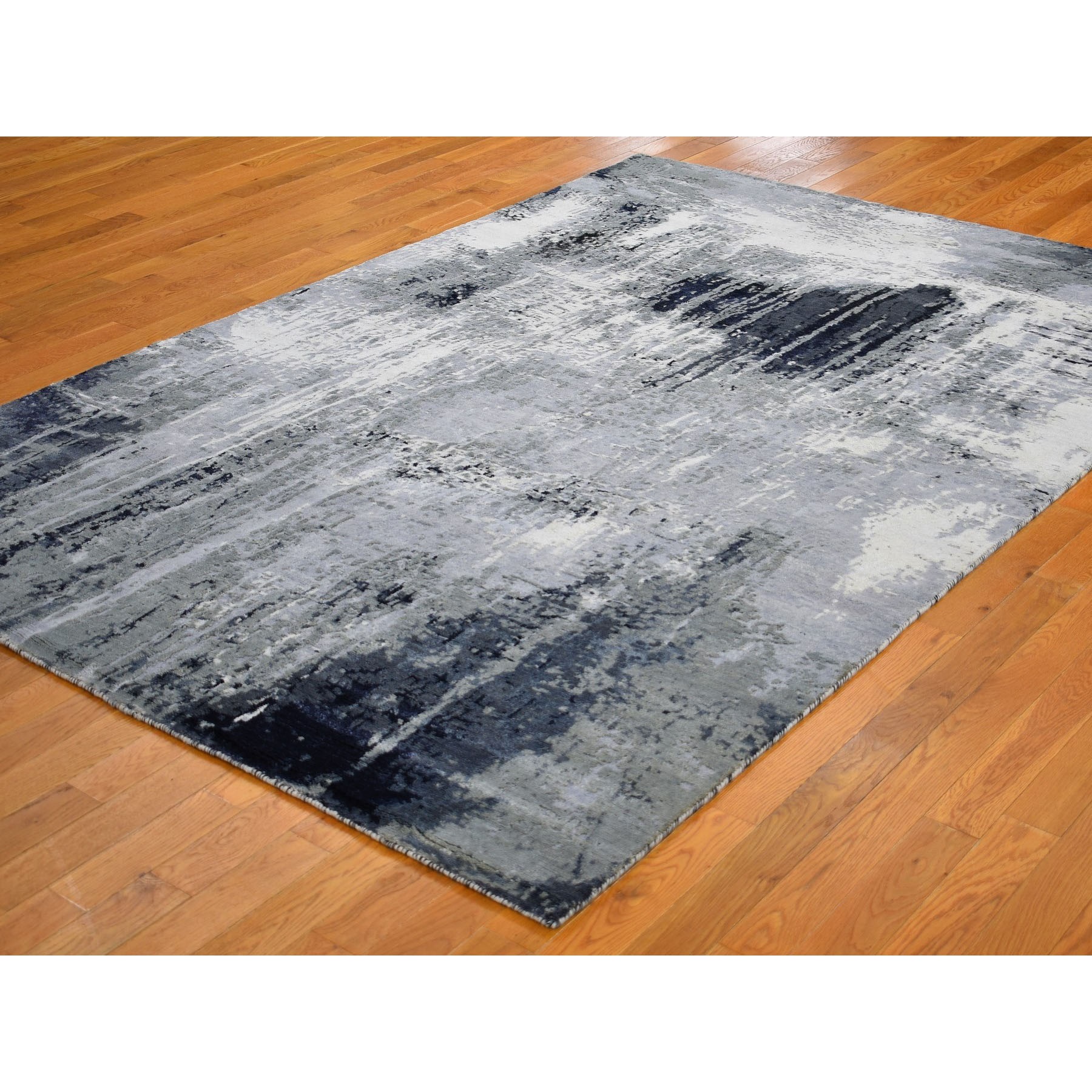 6-1 x8-10  Gray-Black Abstract Design Wool and Silk Hand Knotted Oriental Rug 