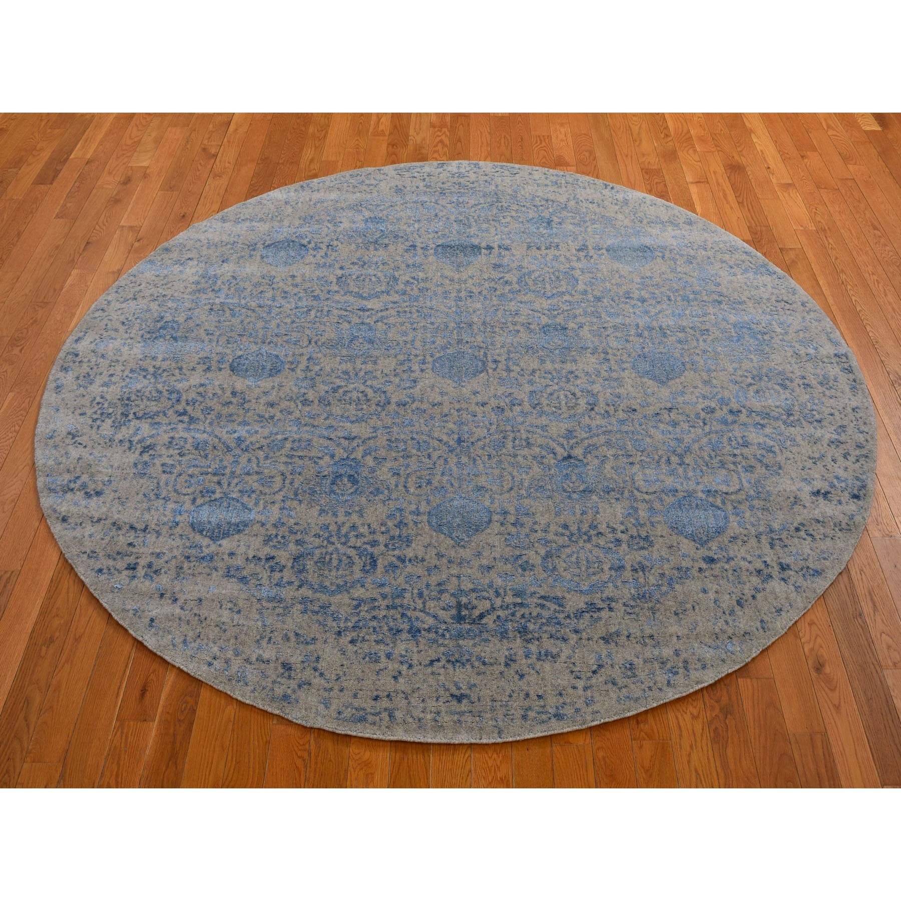 7-10 x7-10  Blue Jacquard Hand Loomed Wool and Art Silk Pomegranate Design Round Oriental Rug 
