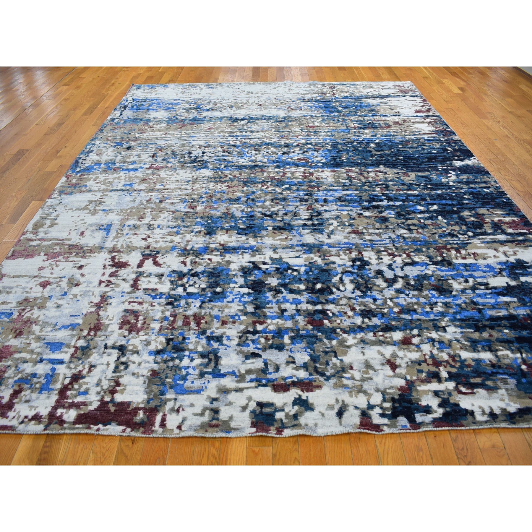 9-x12- Blue Abstract Design Wool And Silk Hand Knotted Oriental Rug 