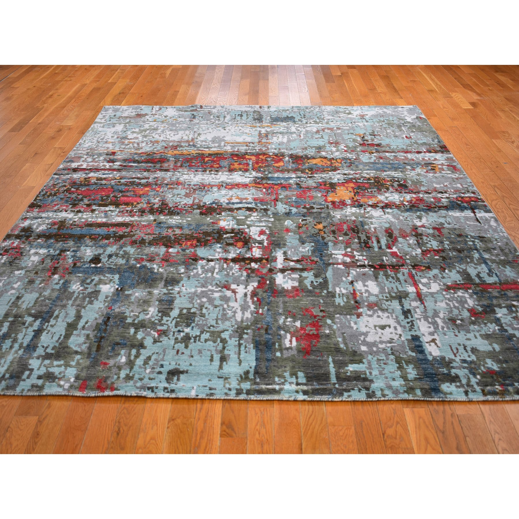 8-x10- Colorful Abstract Design Wool And Silk Hand Knotted Oriental Rug 