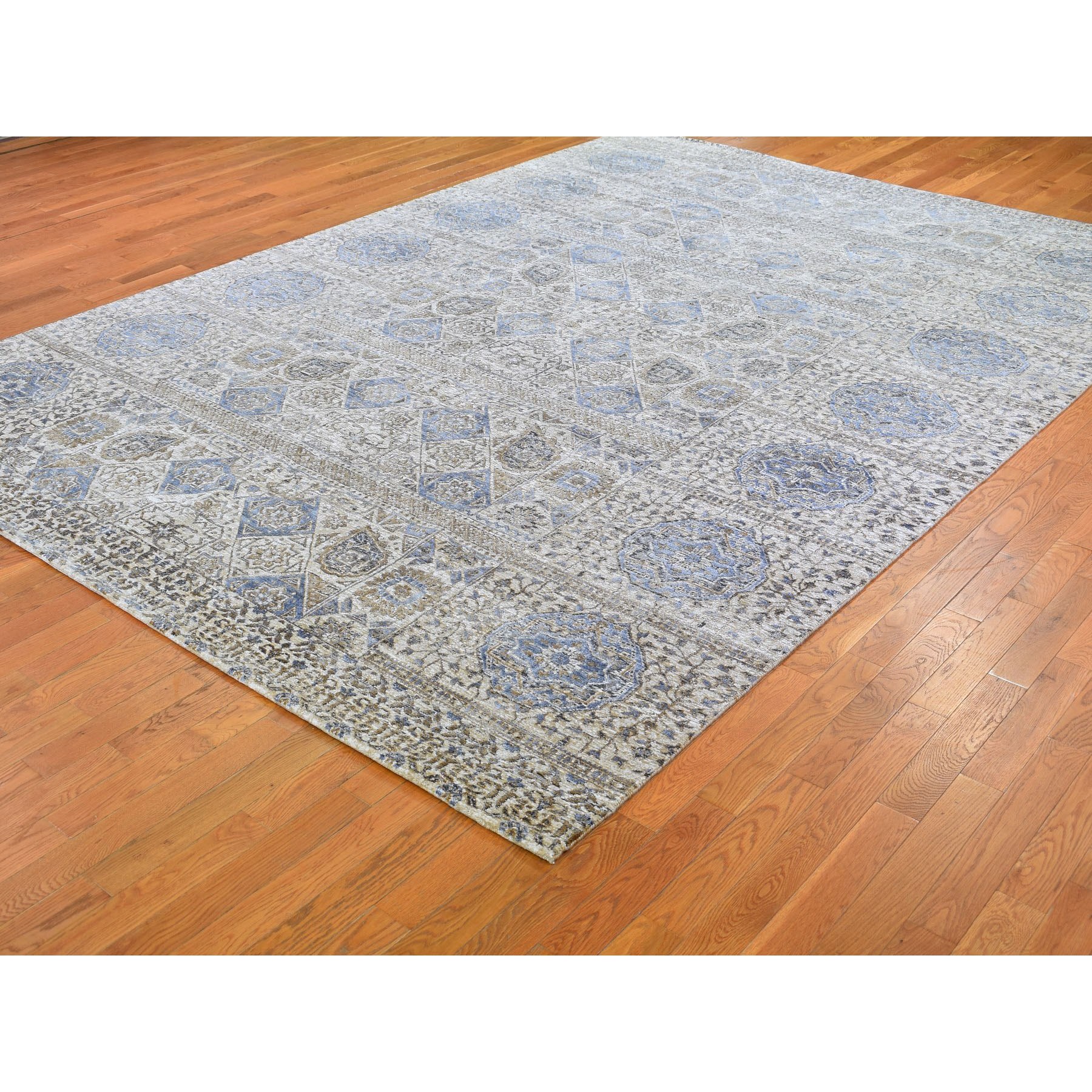 8-10 x12-3  Beige-Silver Silk With Textured Wool Mamluk Design Hand knotted Rug 