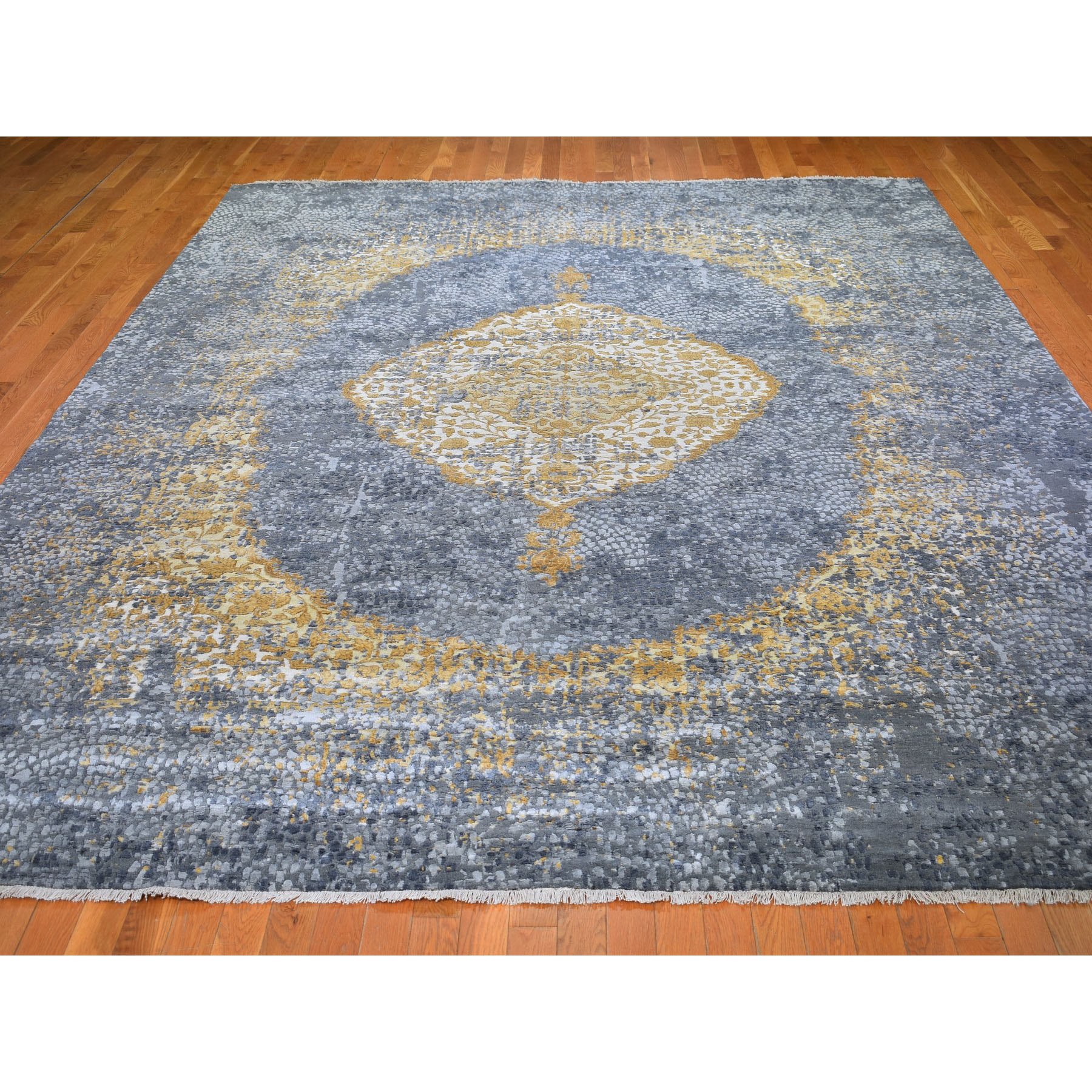 10-x13-9  Gold Persian Design Wool And Pure Silk Hand Knotted Oriental Rug 