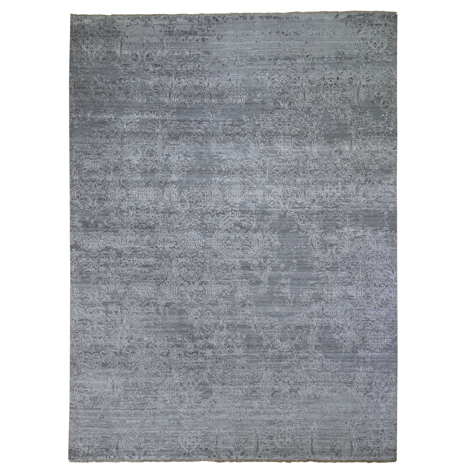 9'X12' Gray Damask Tone On Tone Wool And Silk Hand Knotted Oriental Rug moad9c6b