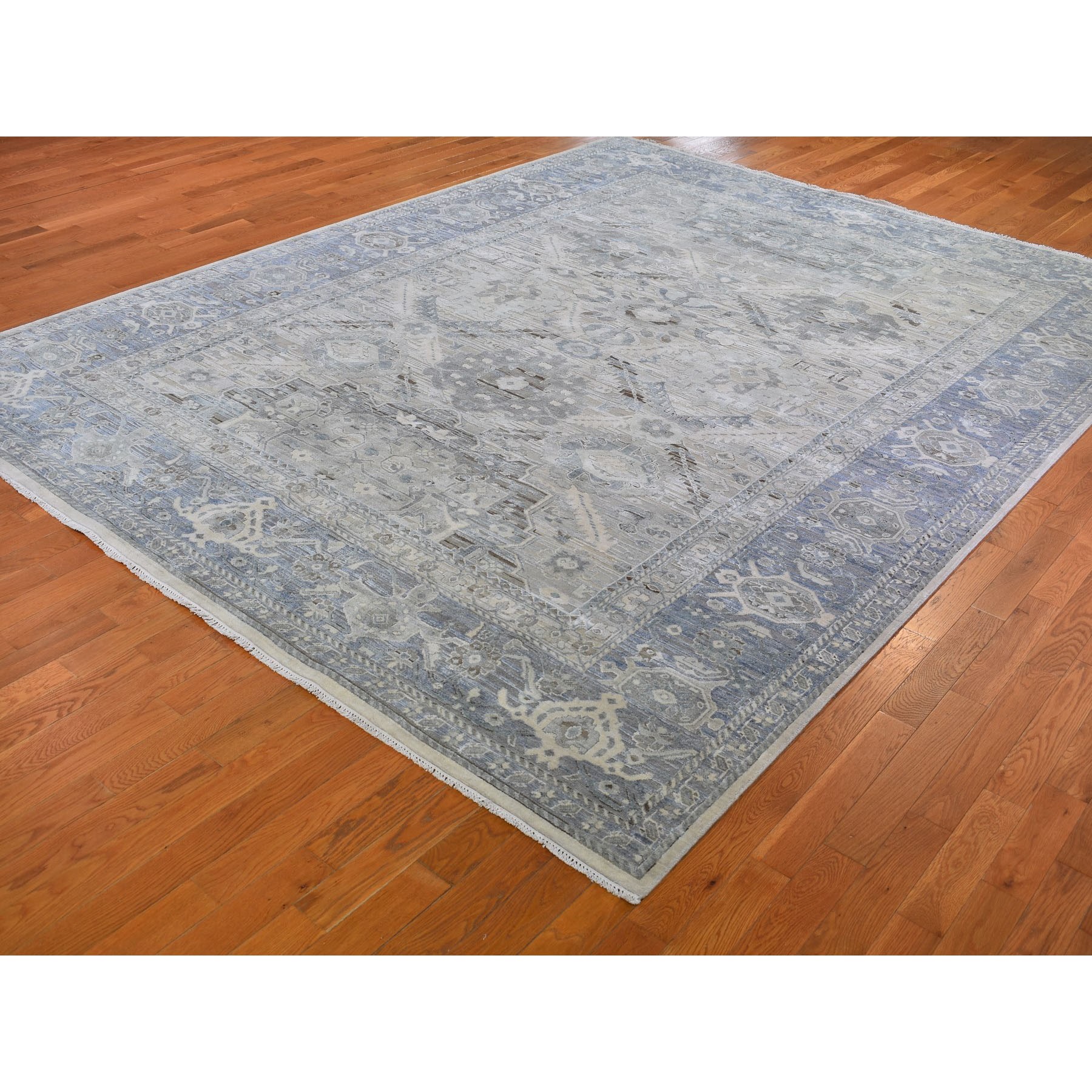 9-1 x12- Hand Knotted Pure Silk And Textured Wool Oushak With Geometric Motif Oriental Rug 