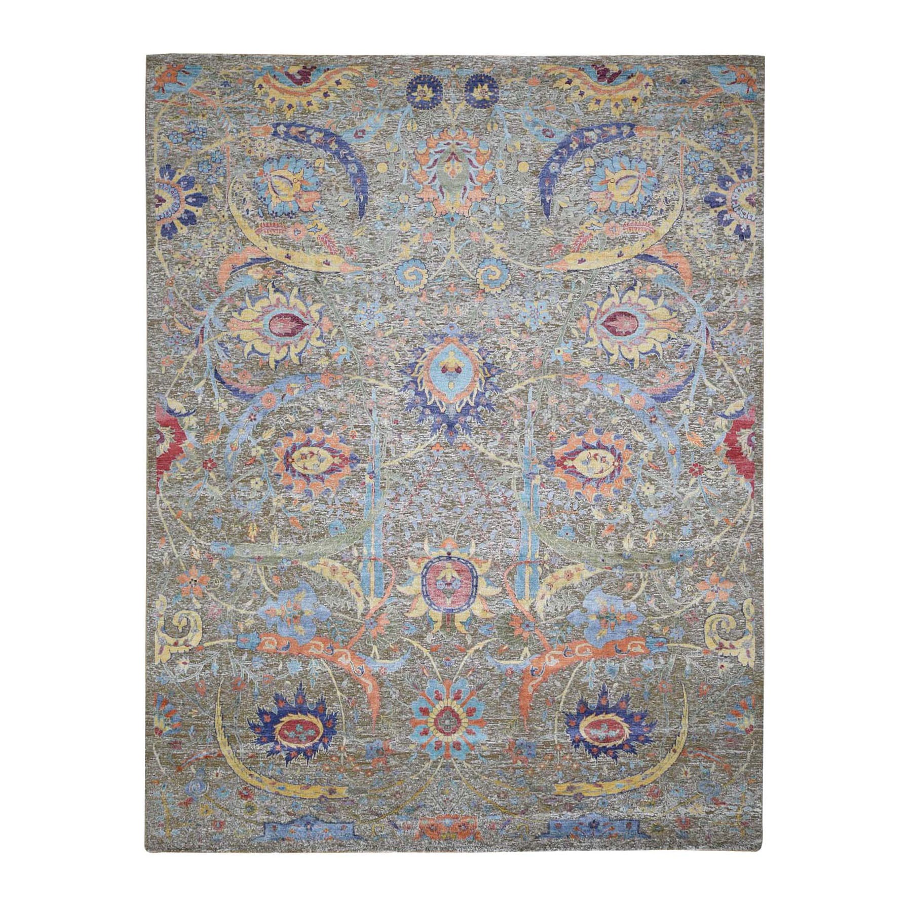 8'3"X10' Brown Hand Knotted Sickle Leaf Design Silk With Textured Wool Oriental Rug moad9c7d