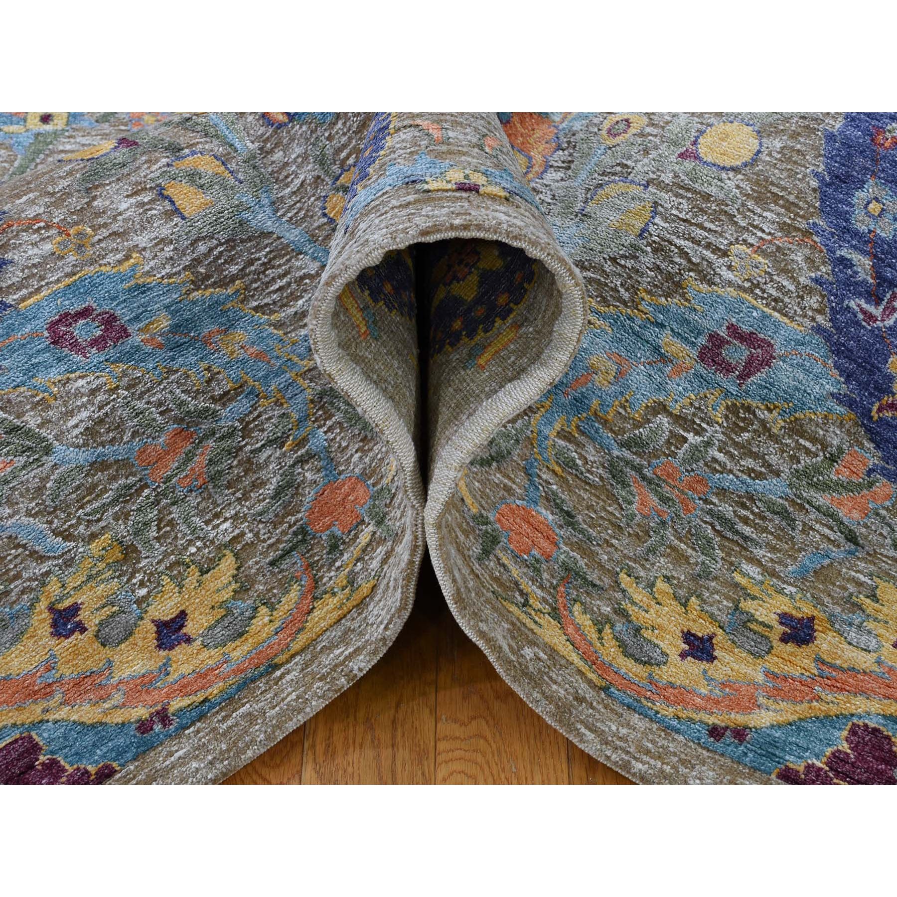 8-3 x10- Brown Hand Knotted Sickle Leaf Design Silk With Textured Wool Oriental Rug 