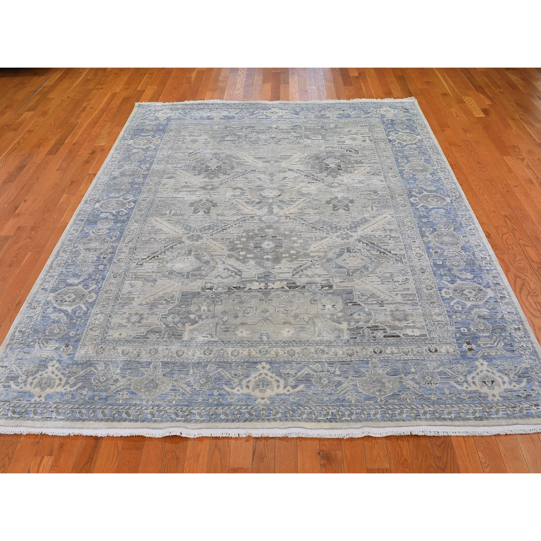 8-x10-3  Hand Knotted Pure Silk and Textured Wool Oushak with Geometric Motif Oriental Rug 