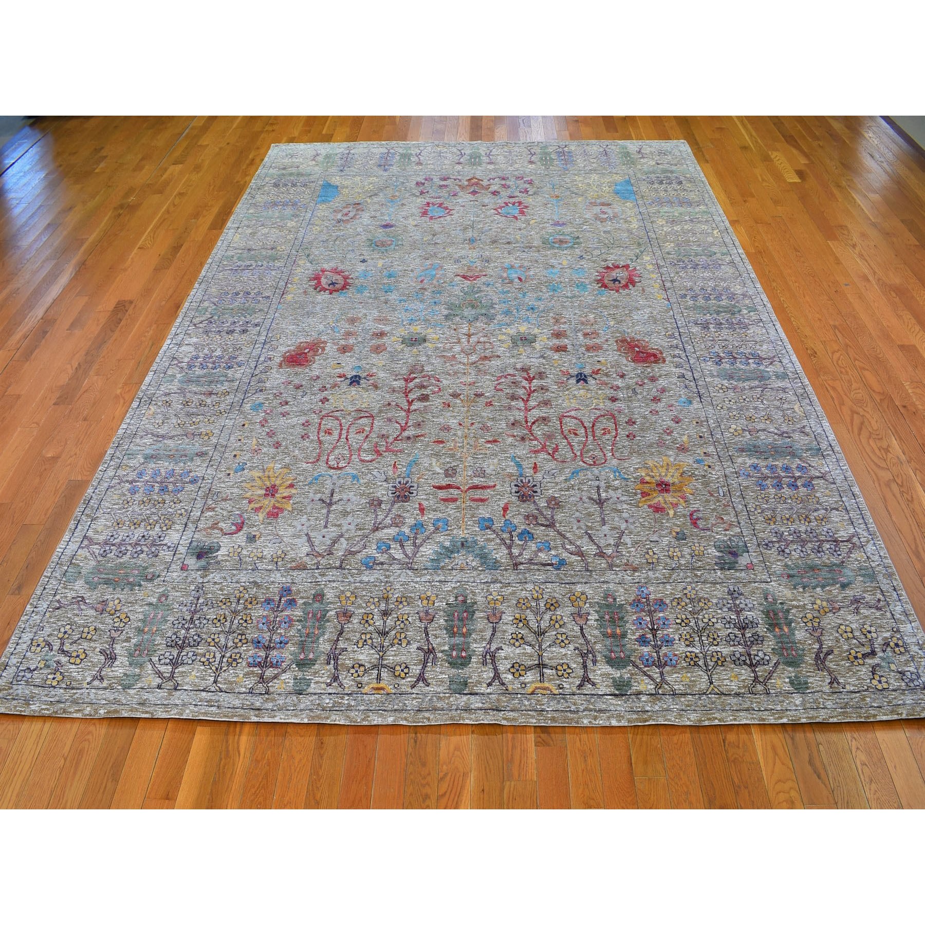 9-x12- Honey Brown Silk With Textured Wool Vaze Design Hand Knotted Oriental Rug 