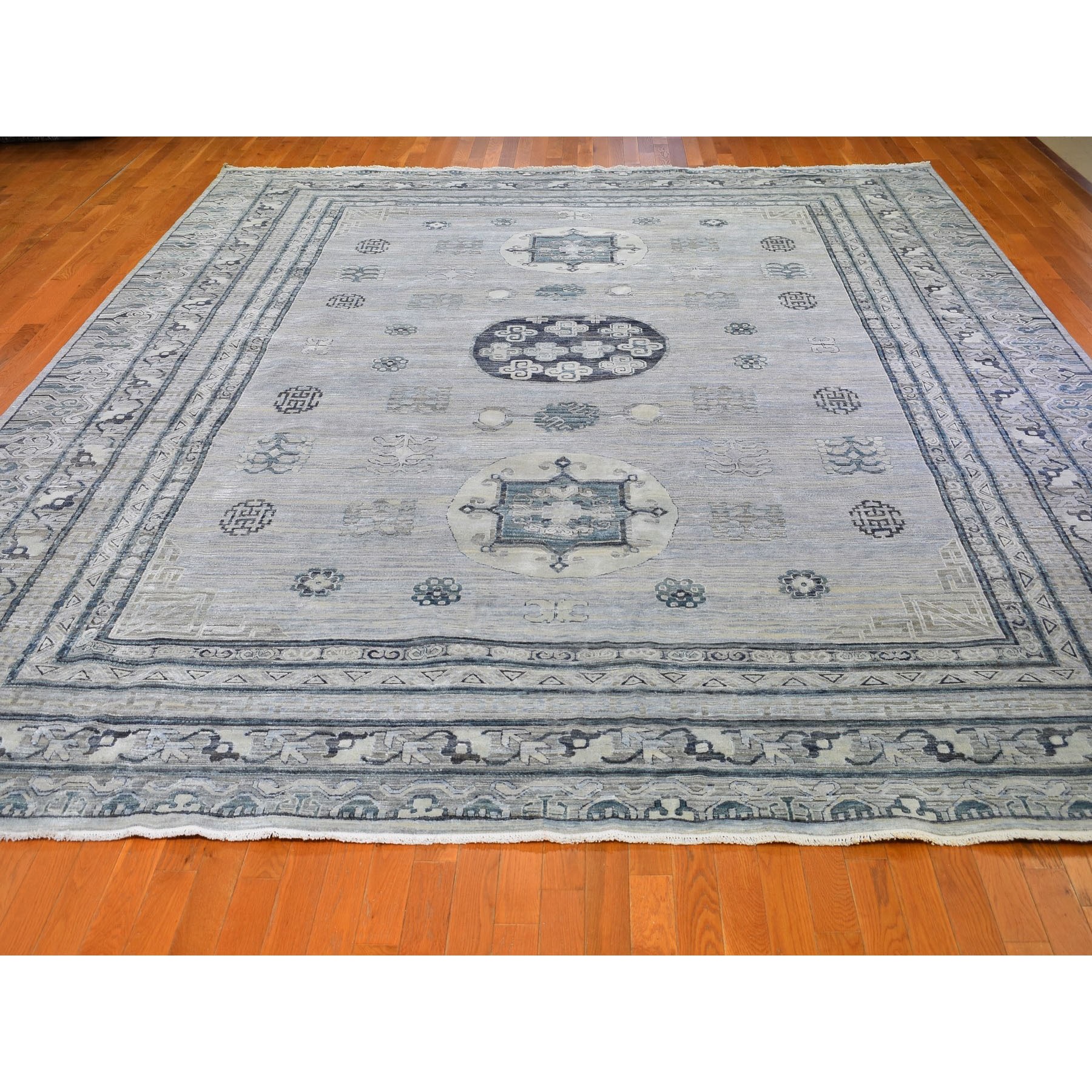 12-x15- Oversized Silver-Blue Khotan Design Pure Silk and Textured Wool Hand Knotted Oriental Rug 