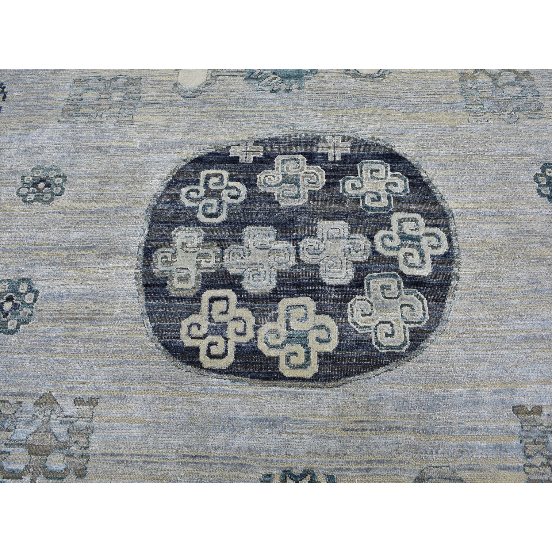 12-x15- Oversized Silver-Blue Khotan Design Pure Silk and Textured Wool Hand Knotted Oriental Rug 