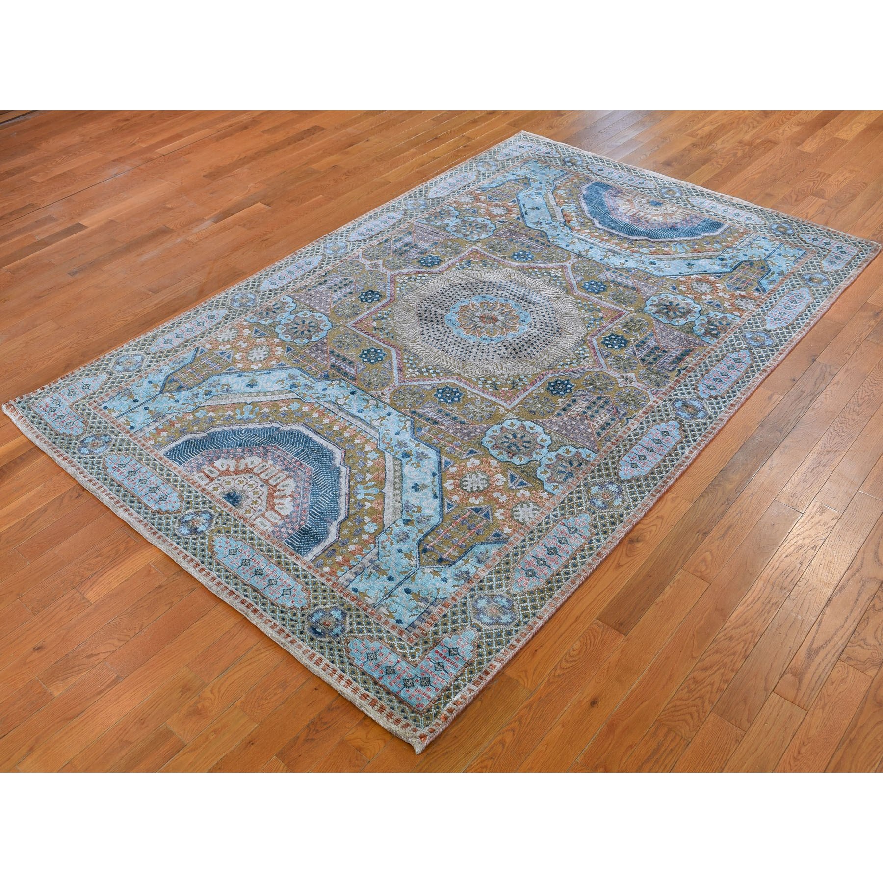 5-10 x9- Blue Silk With Textured Wool Mamluk Design Hand knotted Oriental Rug 