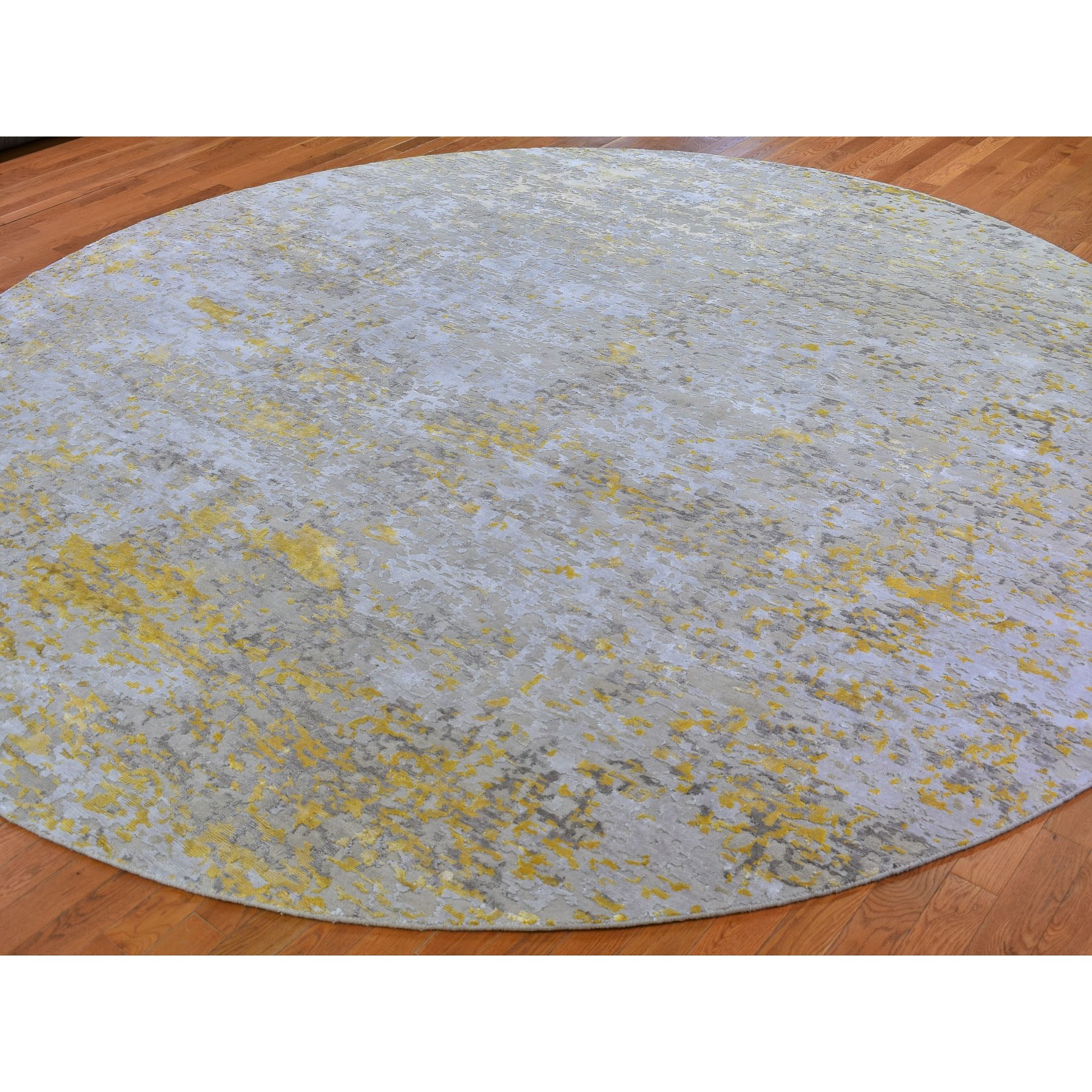11-10 x11-10  Oversized Round Gold Hi-Lo Pile Abstract Design Wool and Silk Hand Knotted Oriental Rug 