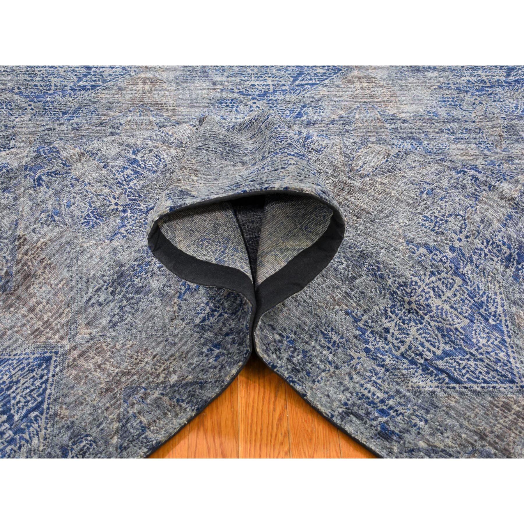 9-x12- Denim Blue ERASED ROSSETS, Silk with Textured Wool Hand Knotted Oriental Rug 