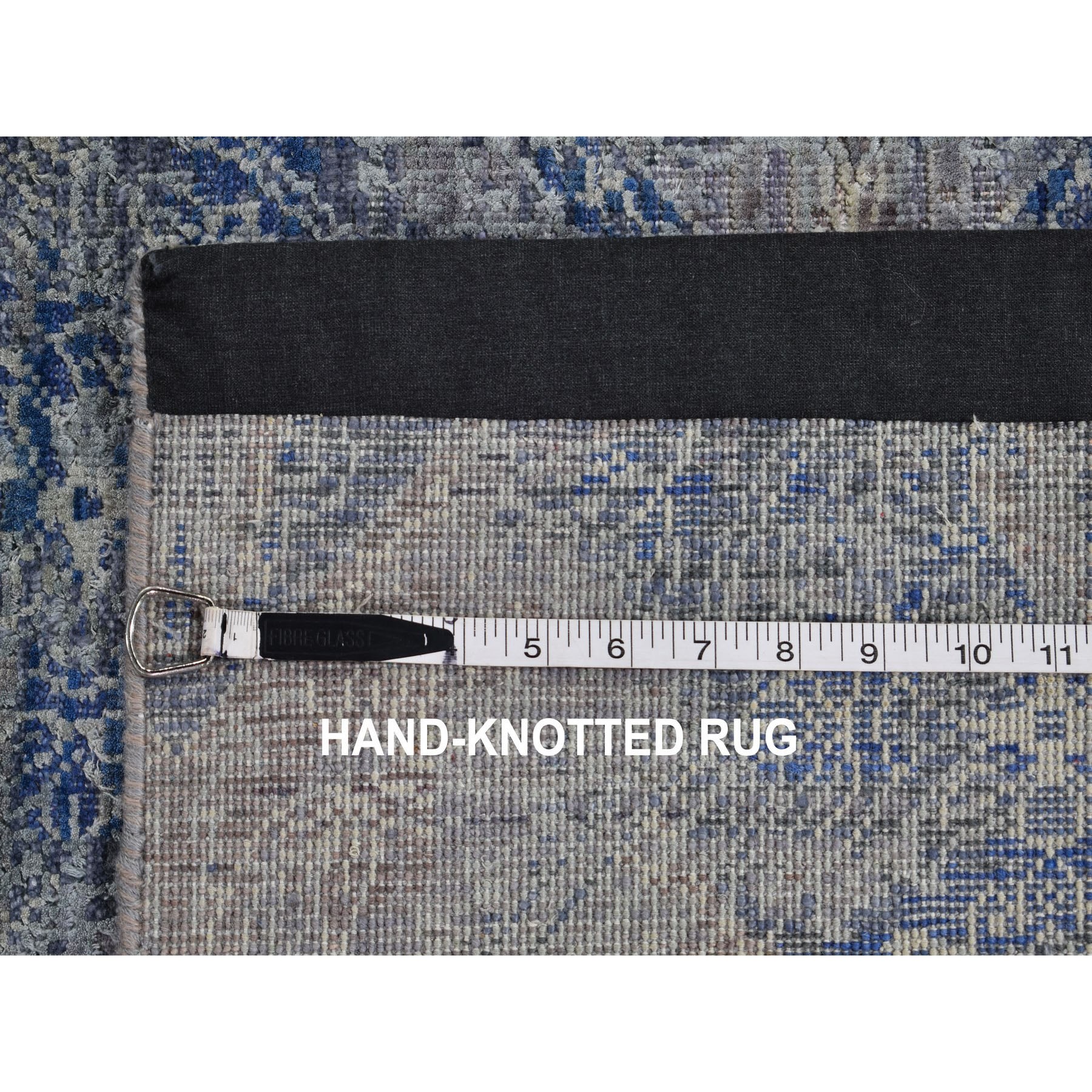 9-x12- Denim Blue ERASED ROSSETS, Silk with Textured Wool Hand Knotted Oriental Rug 