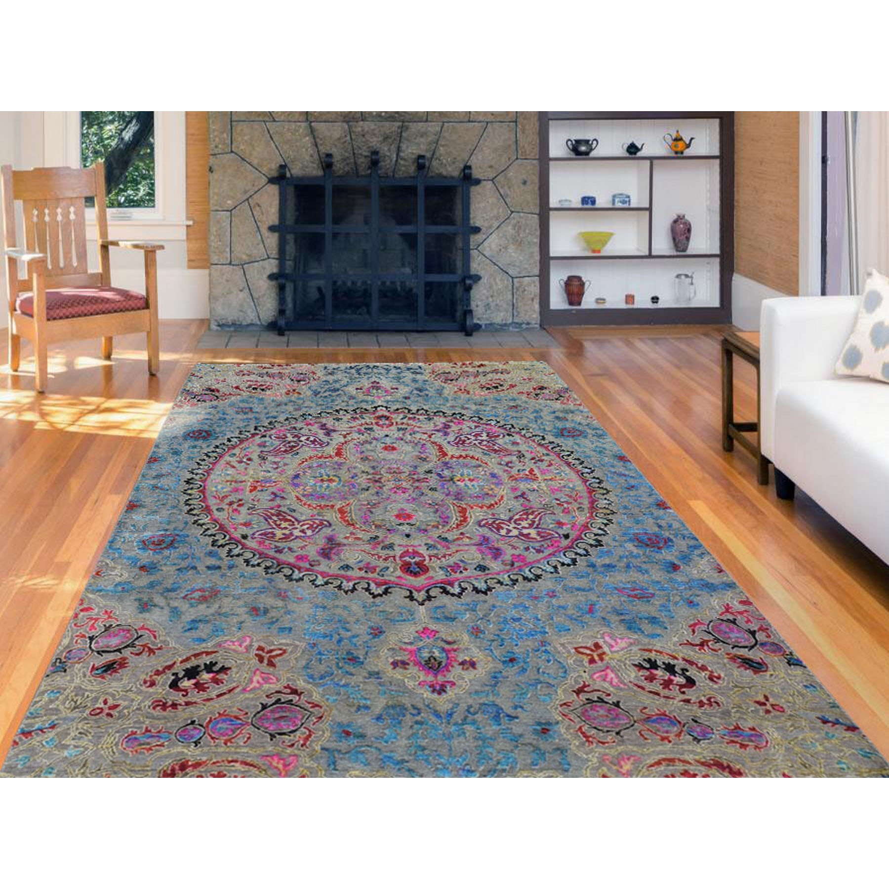 6-x9- Sari Silk and Textured Wool Colorful Maharaja Design Hand Knotted Oriental Rug 