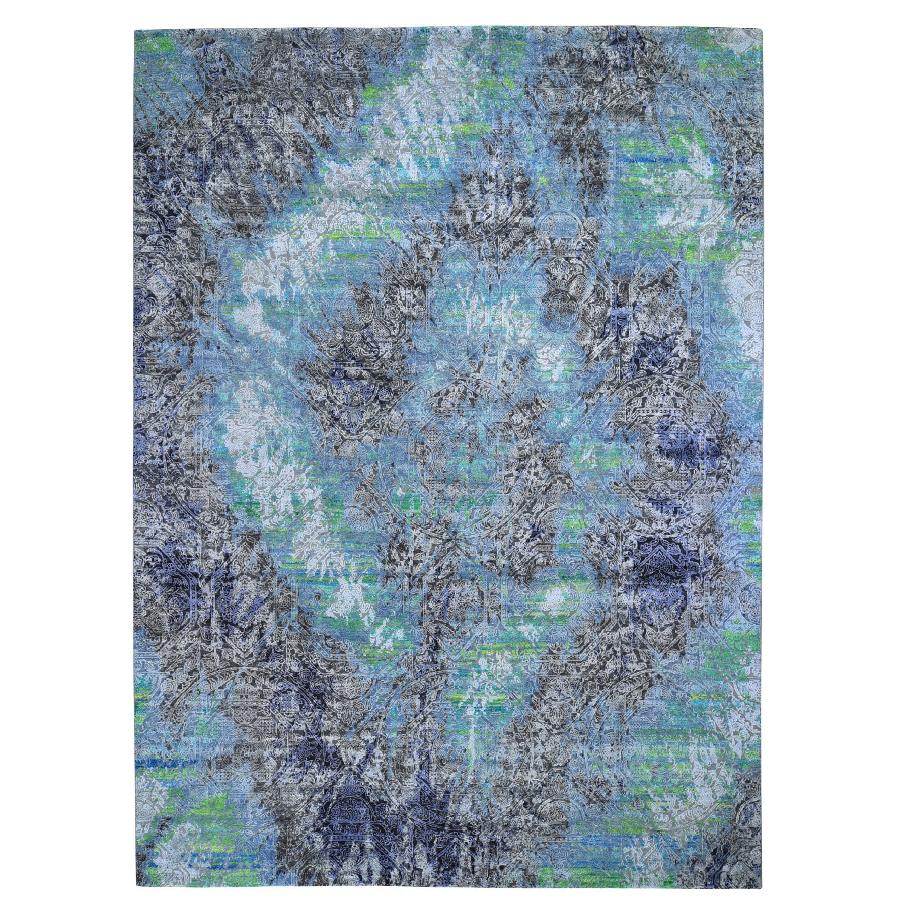 8-10 x12-5  COLORFUL DIMINISHING COINS, Sari Silk with Textured Wool Hand-Knotted Rug 