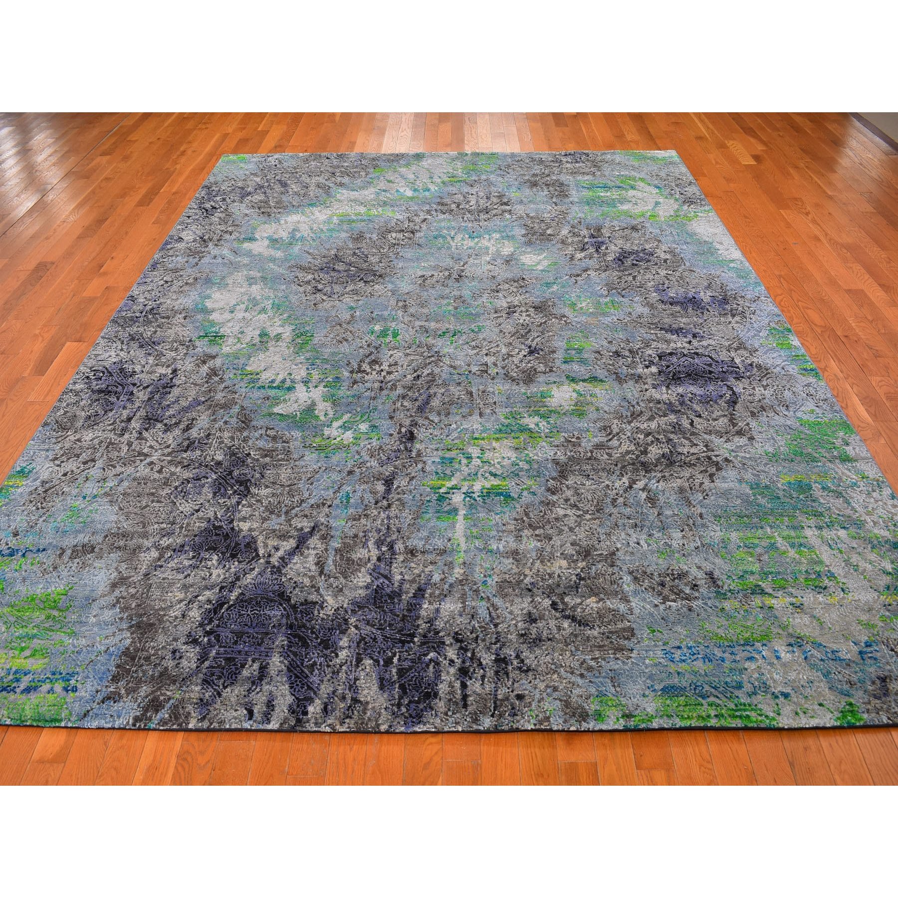 8-10 x12-5  COLORFUL DIMINISHING COINS, Sari Silk with Textured Wool Hand-Knotted Rug 