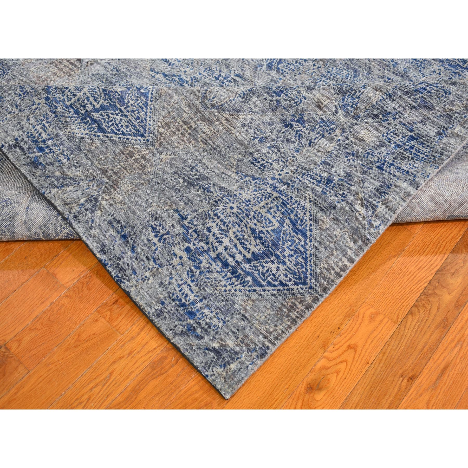 8-9 x12- Denim Blue ERASED ROSSETS, Silk with Textured Wool Hand Knotted Oriental Rug 